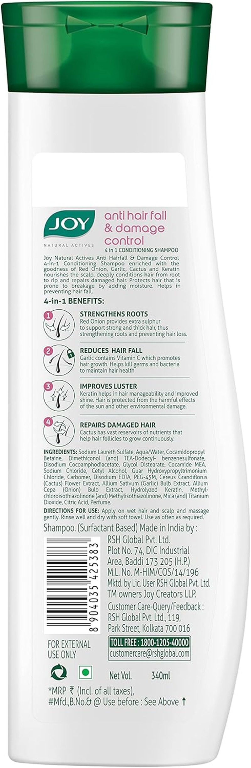 Joy Natural Actives anti Hairfall & Damage Control 4-In-1 Multi Action Conditioning Shampoo with Hydrolysed Keratin, Cactus, Red Onion & Garlic Extracts | anti Hair Fall Shampoo, Paraben Free | 340 Ml