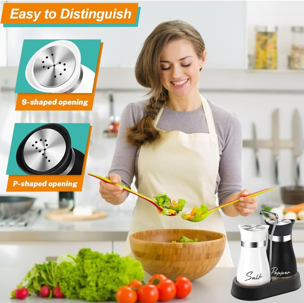 UDQYQ Salt and Pepper Shakers Set with Holder,Cruet Sets Stainless Steel Salt and Pepper with Glass Bottom,Refillable Salt Shaker Kitchen Gadgets for Counter Modern Decor Table (Black + White) - Black + White image number 3