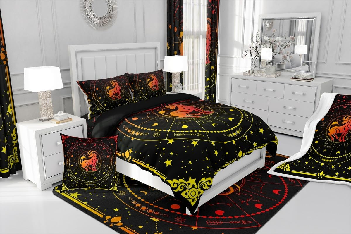 Homewish Capricorn Duvet Cover 155 X 220 Cm for Adults, Psychedelic Zodiac Sign Bedding Set, Constellations Sky Comforter Cover, Galaxy Stars Bed Set, Red Yellow image number 3