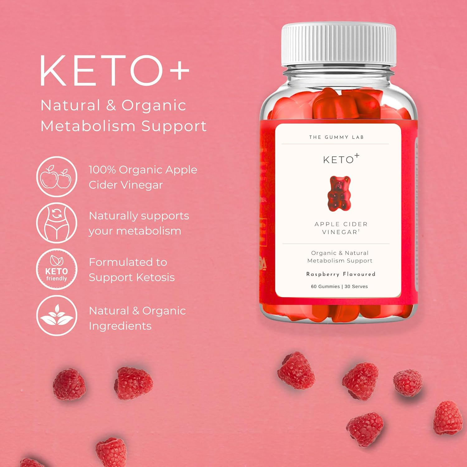 Keto+ Support Gummies 1000Mg Apple Cider Vinegar, Raspberry Flavour, 60 Gummies, Supports Ketosis, Metabolism & Energy with ACV, Folate and Vitamin B2. Vegan, Natural & Organic. image number 1