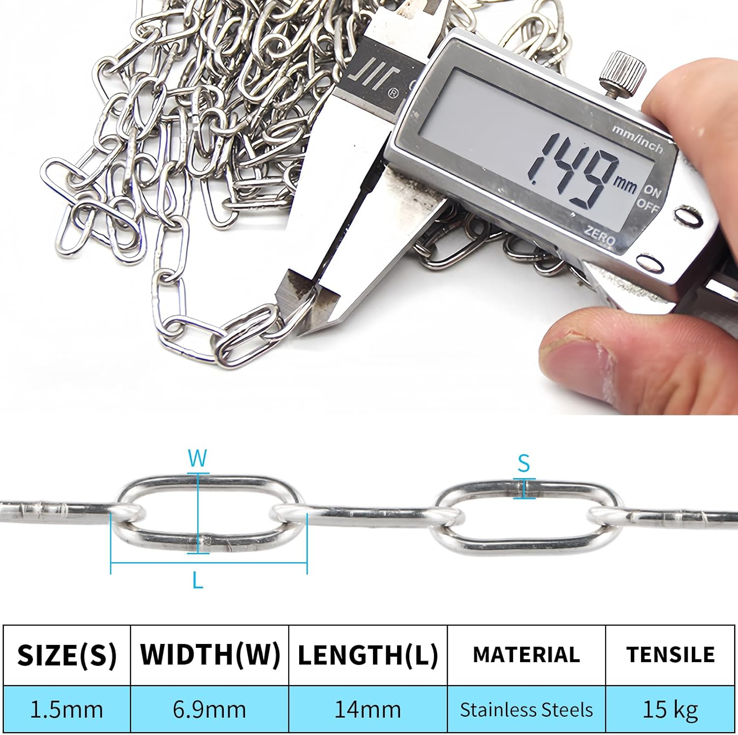 10 Metres 1.5 Mm Stainless Steel Chains, Heavy Duty Metal Chain 304 Stainless Steel Chains Link for Home Outdoor Anti-Theft Silver Fence Gate Garage Doors Swing Chain Bicycle Security Lock image number 6