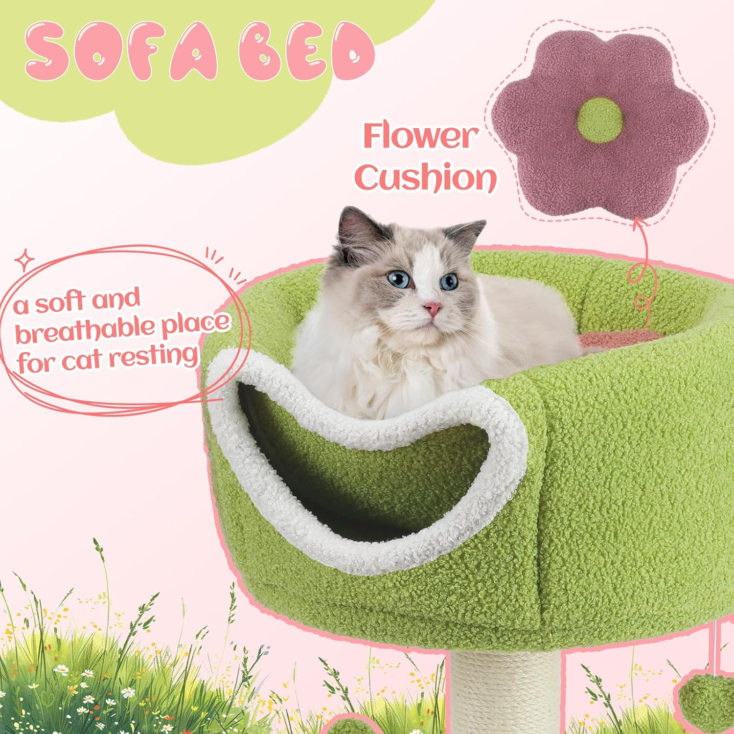 EMUST Flower Cat Tree with Bed, 28.74Inch Cat Tower with Scratching Post & Cozy Condo, Christmas Cute Sisal Cat Scratcher with Plush Hang Spring Ball Toys, Removable Cat Bed for Indoor Adults Cats image number 3