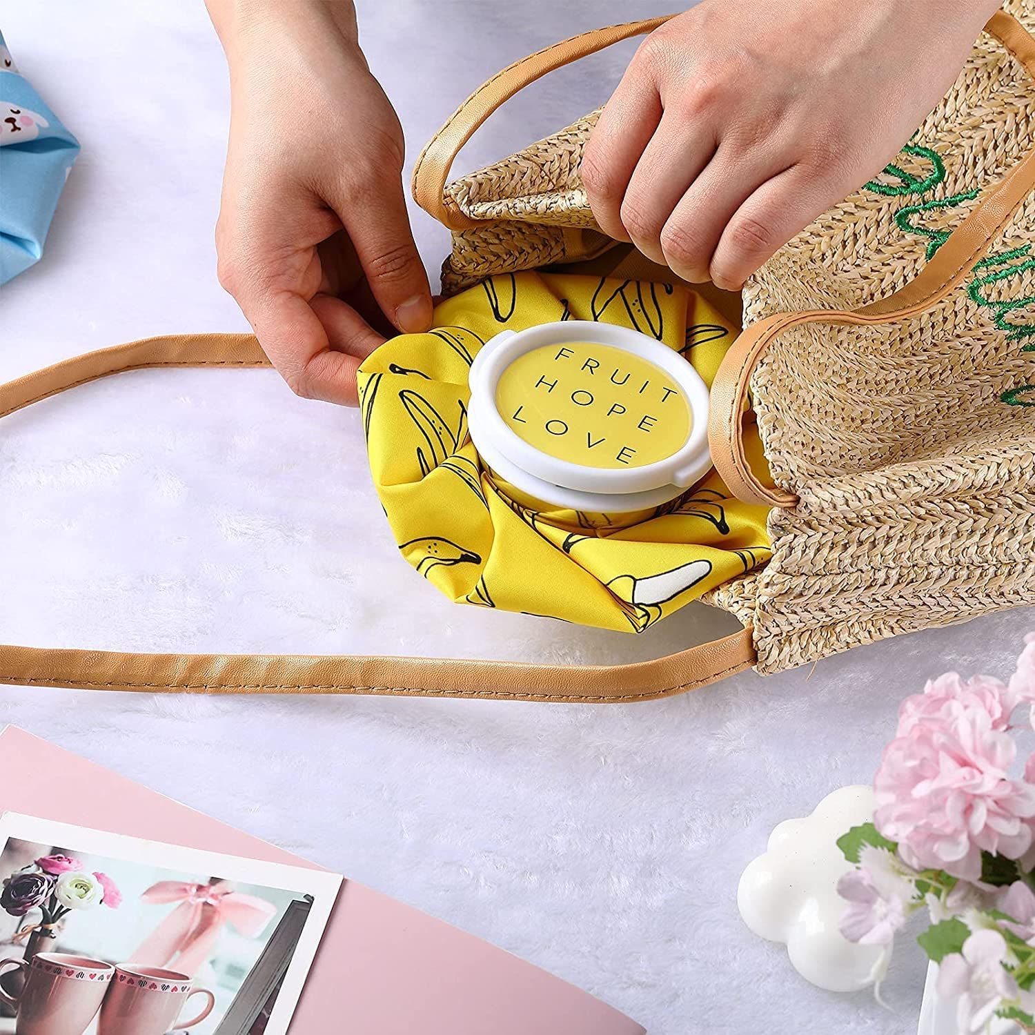 4 Packs Reusable Ice Bag Ice Pack Cold and Hot Use Hot Water Bag Kids Adults Cold Packs for Injuries Pain Relief Wisdom Teeth Breastfeeding Tired Eyes, 5.5 Inches (Cute Fruit Style)