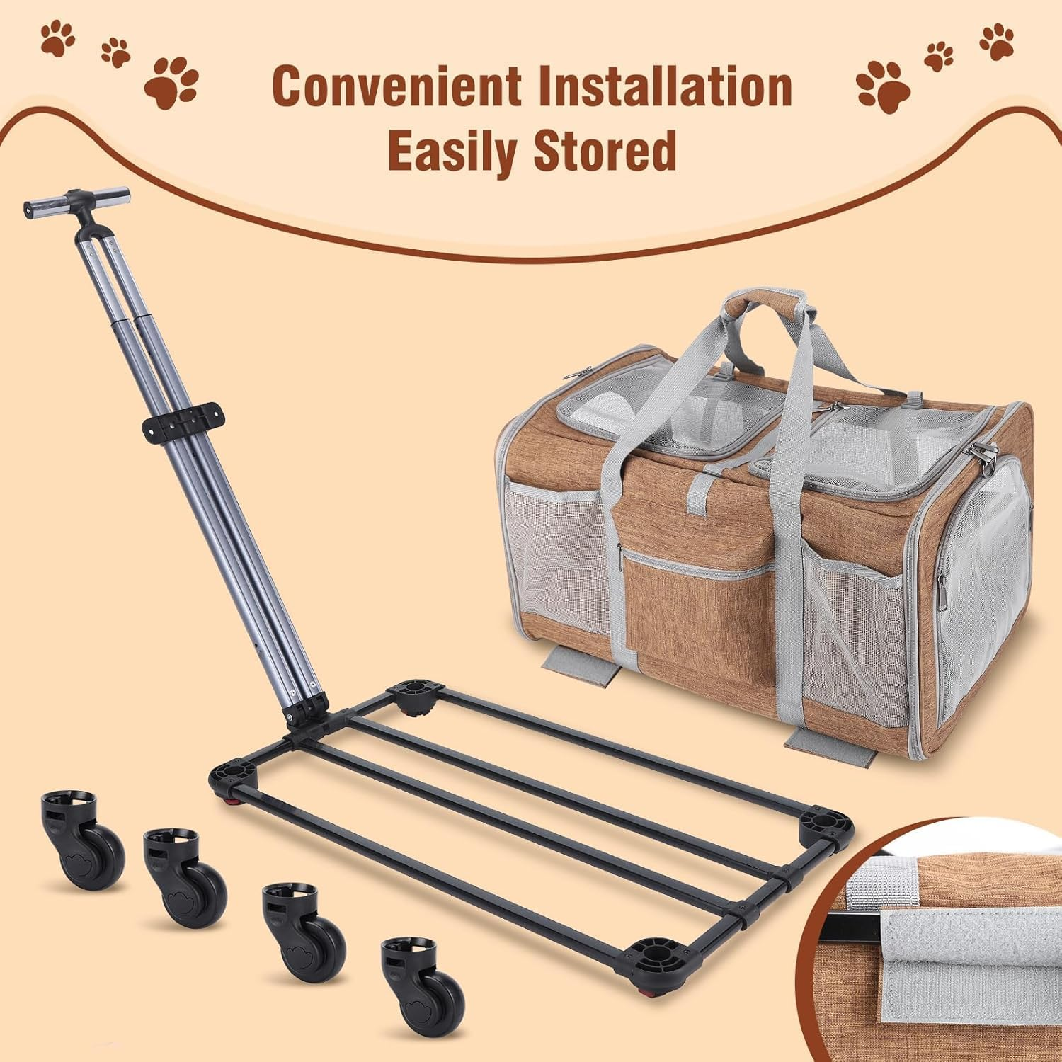 PANTREE Cat Carrier Soft with Wheels, Double Compartment Foldable Rolling Cat Carrier for 2 Small Cats and Dogs, Fully Breathable for Traveling/Hiking/Camping/Veterinary Visits (Brown) image number 4