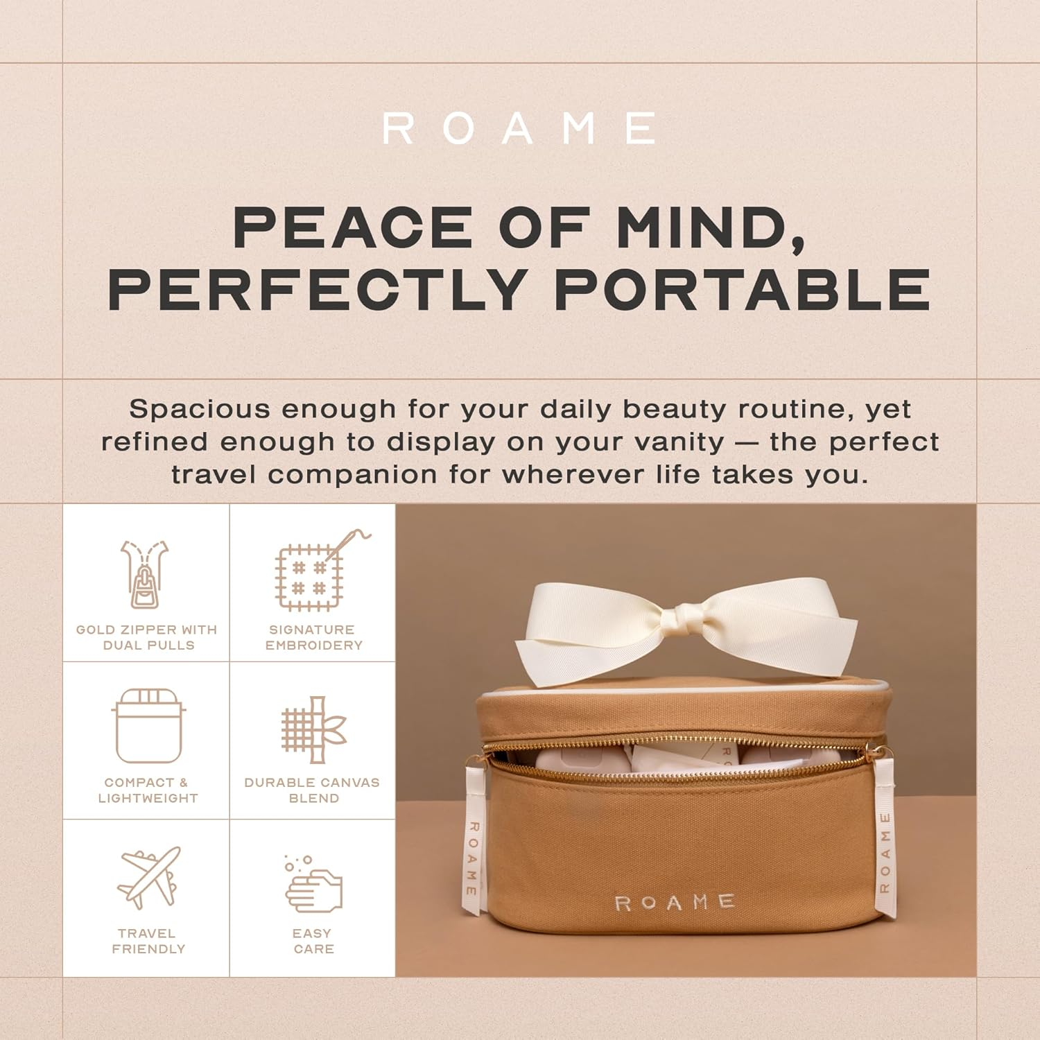 Roame Everyday Vanity Bag &ndash; Elegant Canvas Cosmetic Travel Bag with Zipper, Spacious Toiletry Organizer & Makeup Pouch for Women &ndash; Stylish Daily Companion for Life at Home or On-The-Go image number 2