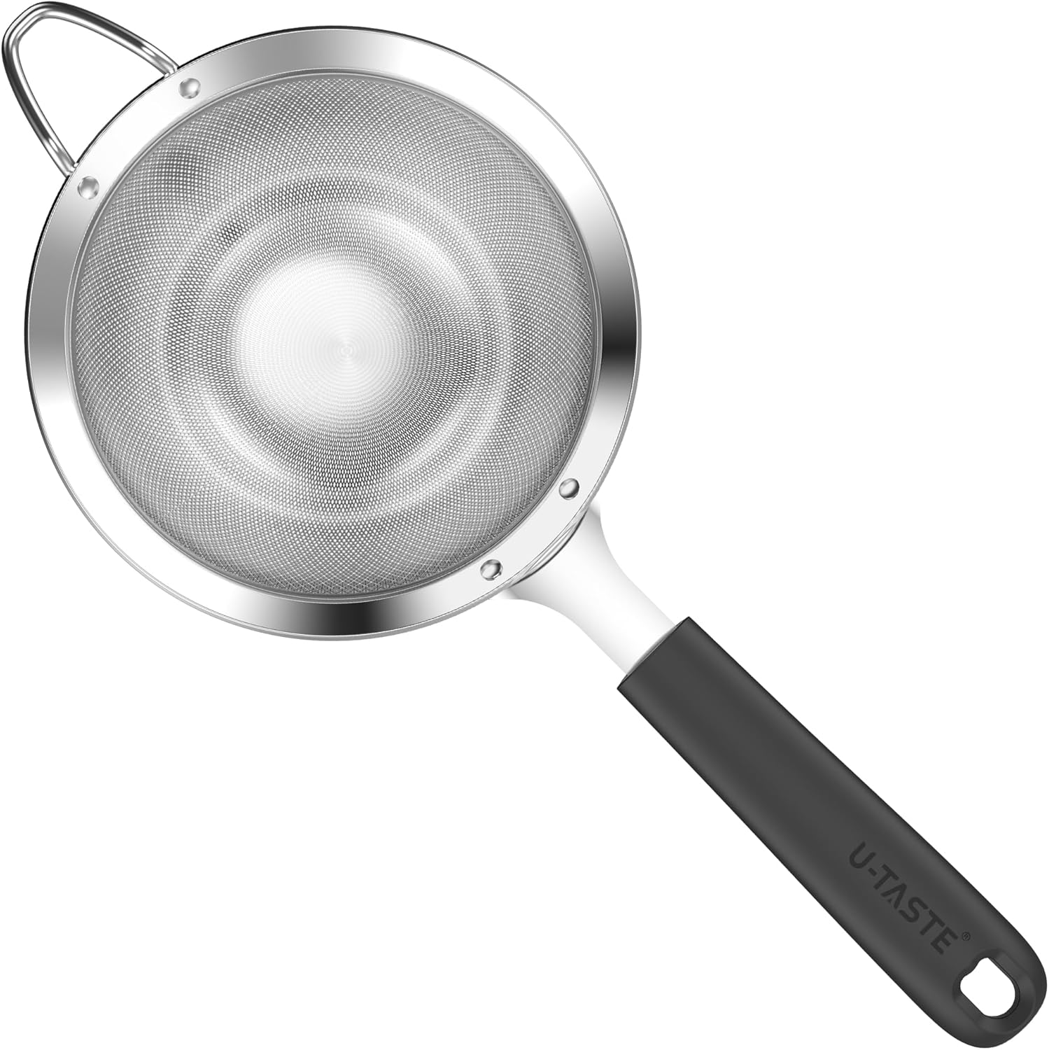 U-Taste 8.5Cm Small Mesh Strainer - 18/8 Stainless Steel Kitchen 30-Mesh Fine Food Sieve with Heavy Duty Riveted Silicone Handle, 5.5Cm Deep Handheld Metal Fruit Colander for Tea, Juice (Red)