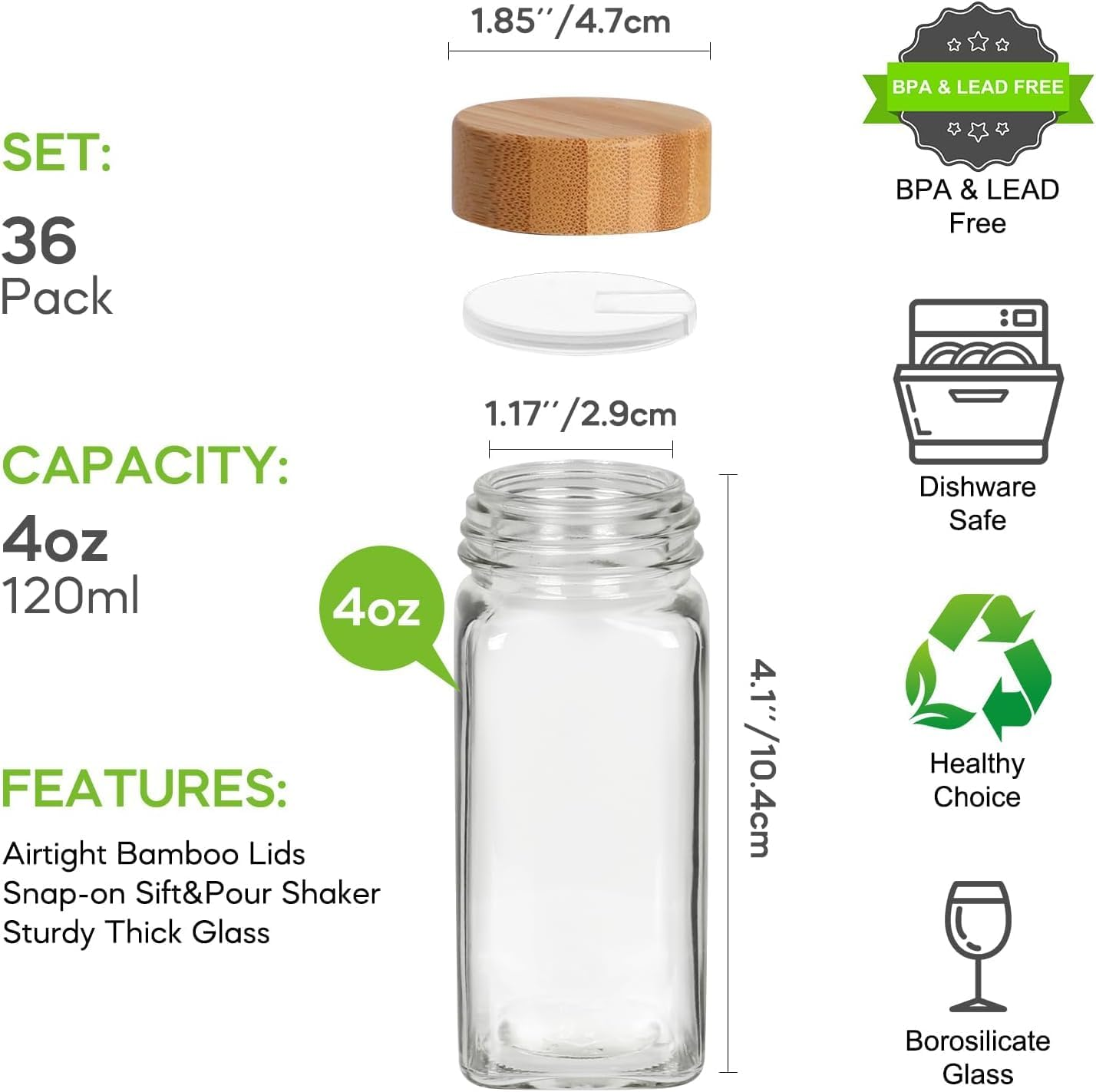 Gnafihz Spice Jars with Label 36Pcs,Seasoning Containers,4Oz Glass Spice Jars with Bamboo Lids,Spices Container Set,Kitchen Seasoning Organizer for Spice Rack (4Oz 36Pcs) image number 1