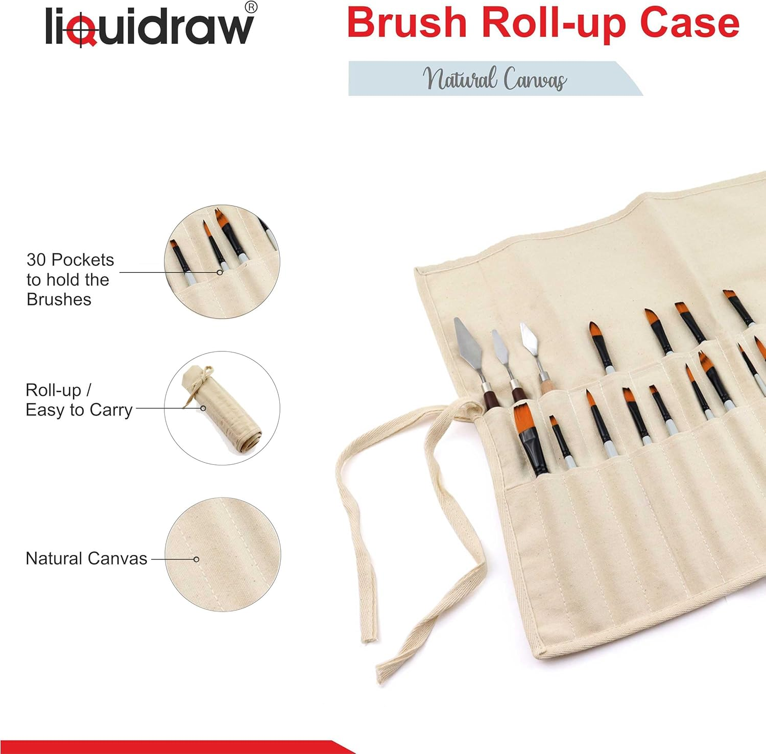 Liquidraw Paint Brush Holder Roll up Brush Bag 30 Pocket Case Storage Pouch Make up Brush Case - Brown image number 2