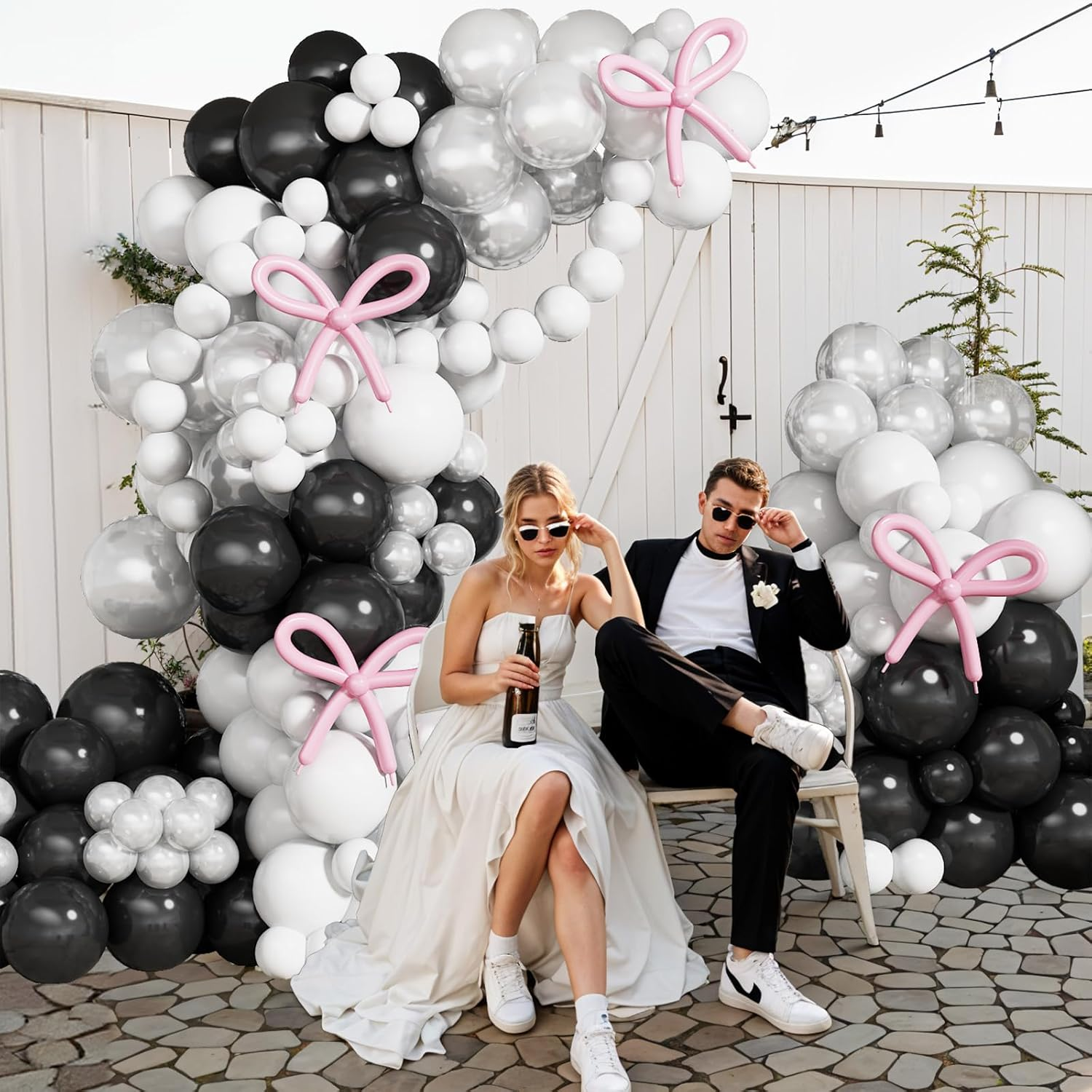 Black and White Balloon Arch Kit Bow Pearl White Black Latex Balloons Garland with Pink Bow Balloons for Girls Women Coquette Bachelorette Baby Bridal Shower Birthday Wedding Party Decorations - Barbie Pink image number 4