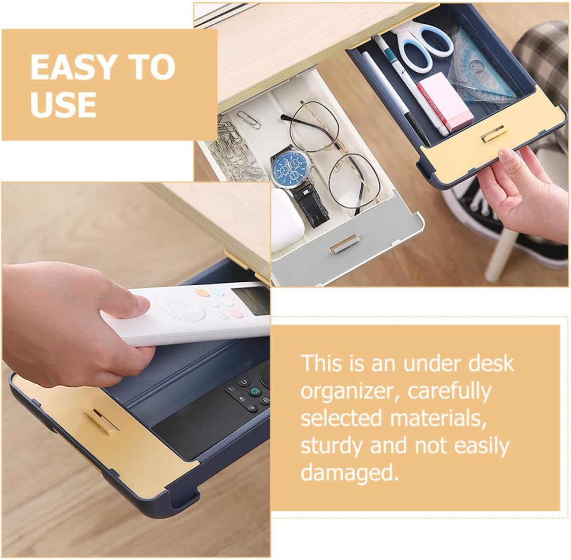 HOMOCONO under Desk Drawer Organizer with Adhesive Hidden under Table Pencil Tray Storage Box for Office Stationery Practical Sticky for Workspace image number 2