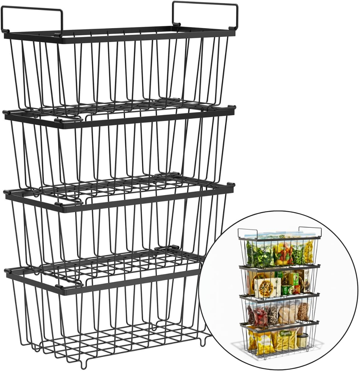 4 Pack Freezer Organiser Bins for Chest Freezer, Stackable Folding Metal Large Freezer Organizer Bins, Deep Freezer Drawer & Rack Baskets, Hanging Storage Fridge Organiser with Handles image number 3