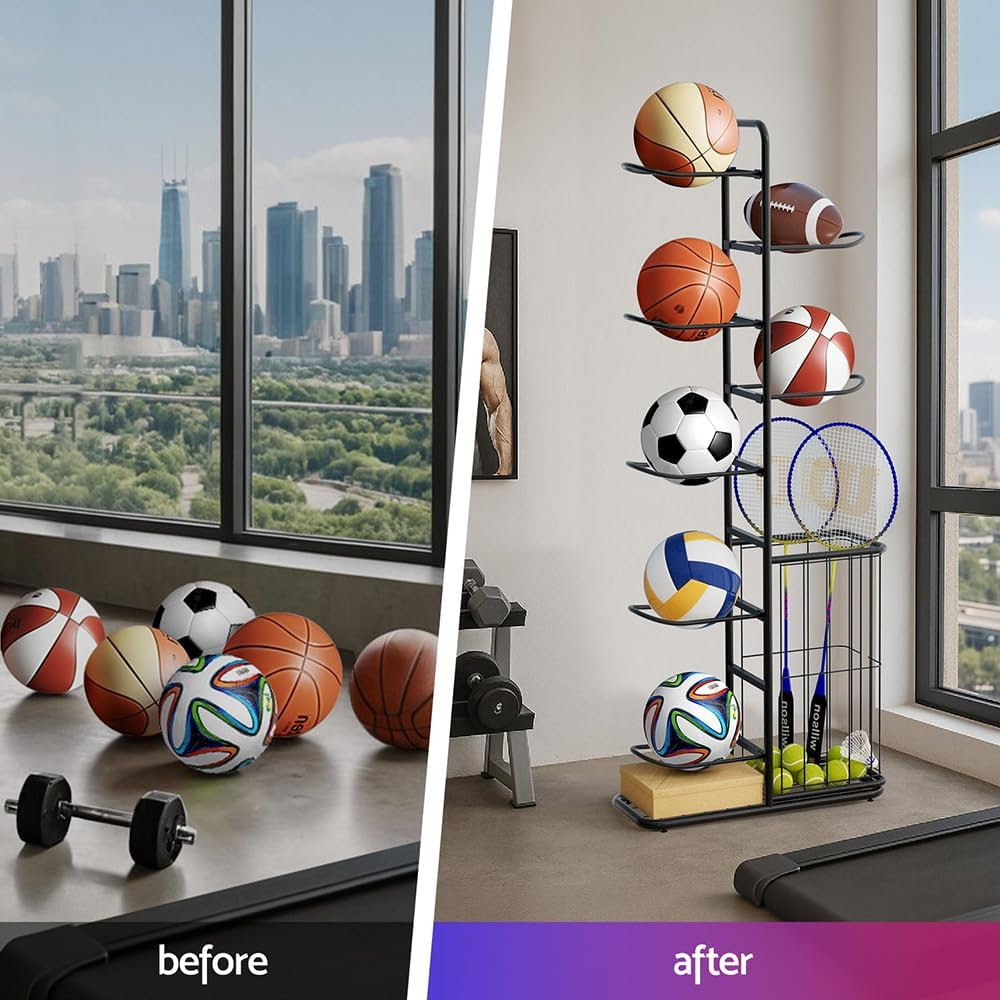 Everfit Ball Storage Rack Heavy Duty Sports Equipment Organizer 7-Tier with Basket Ball Rack for Basketball Football Volleyball Indoor Outdoor Sports Storage image number 3