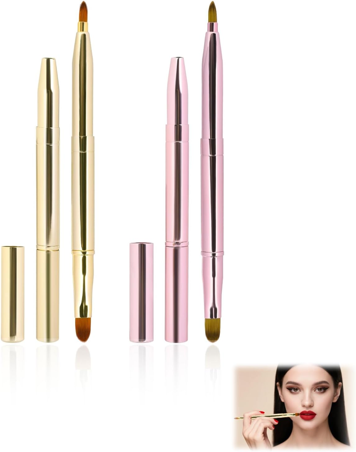 ONBPIY Lip Brush 2 Pack Retractable Double Ended with Cap for Lipstick Gloss Liner Professional Travel Makeup Brush Applicator image number 3