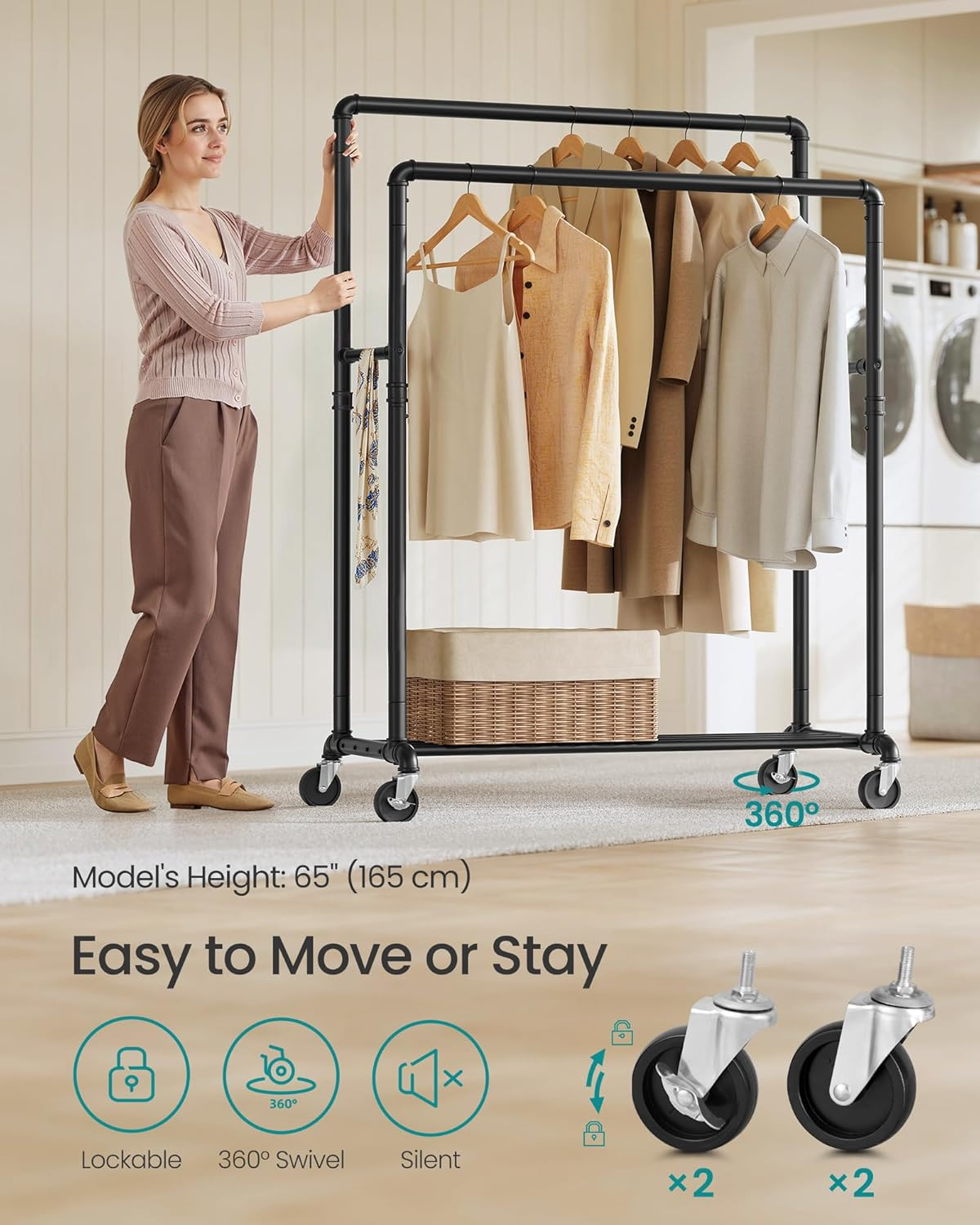 SONGMICS Heavy-Duty Clothes Rack, Double-Rod Clothing Rack for Hanging Clothes, Industrial Garment Rack on Wheels, Metal Frame, 2 Casters with Brakes, Commercial Display, Black UHSR60B image number 4