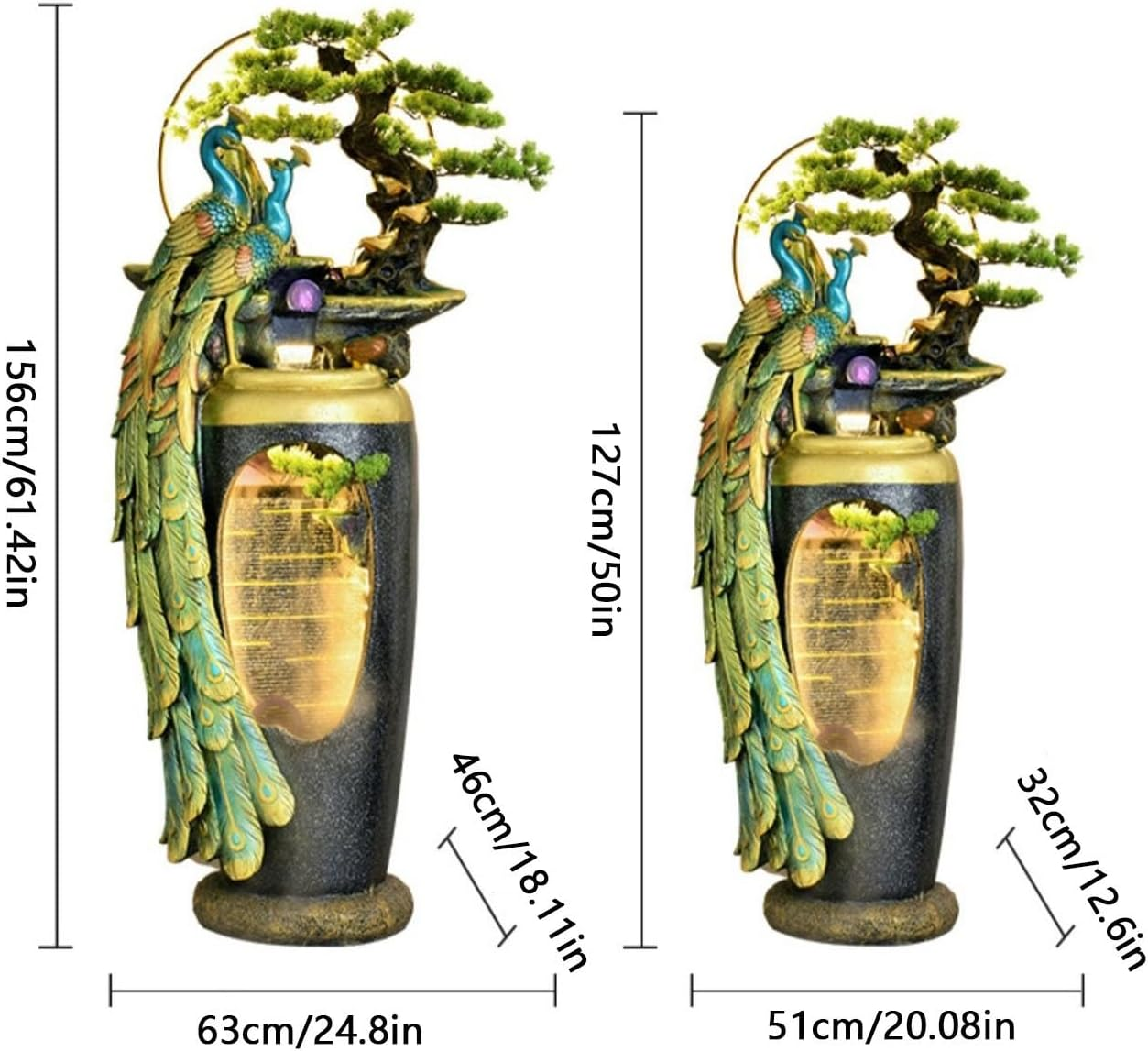 Outdoor Fountain Peacock Flowing Water Ornament, New Chinese Zen Fountain, Floor Standing Decorative Vase for Living Room, Entrance Door or Next to Tv Cabinet(53 * 46 * 156Cm)