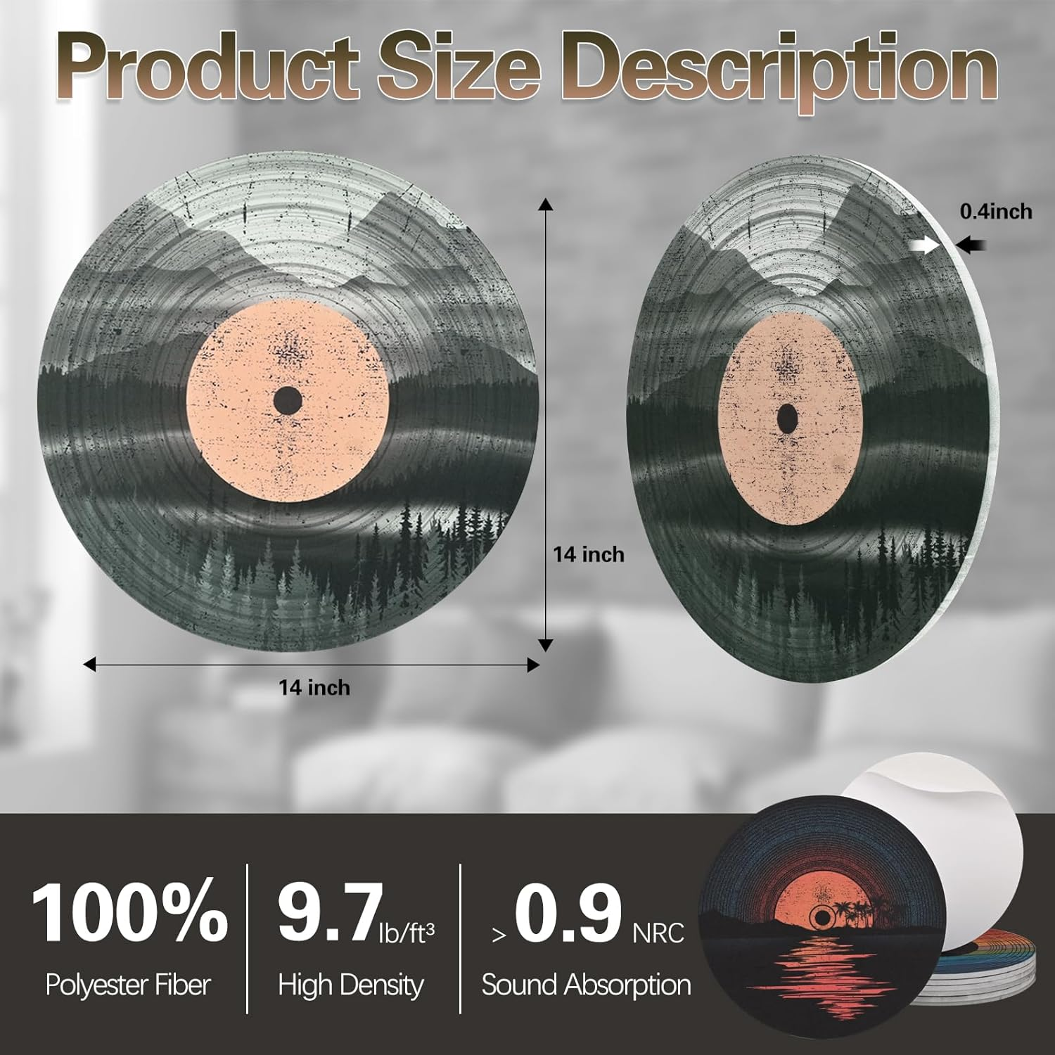 Atawlege 8 Pack Art Acoustic Panels, 14"X14"X0.4" round Self-Adhesive Soundproof Wall Panels, Unique Retro Record Decor Sound Absorbing Panels for Studio Home Office