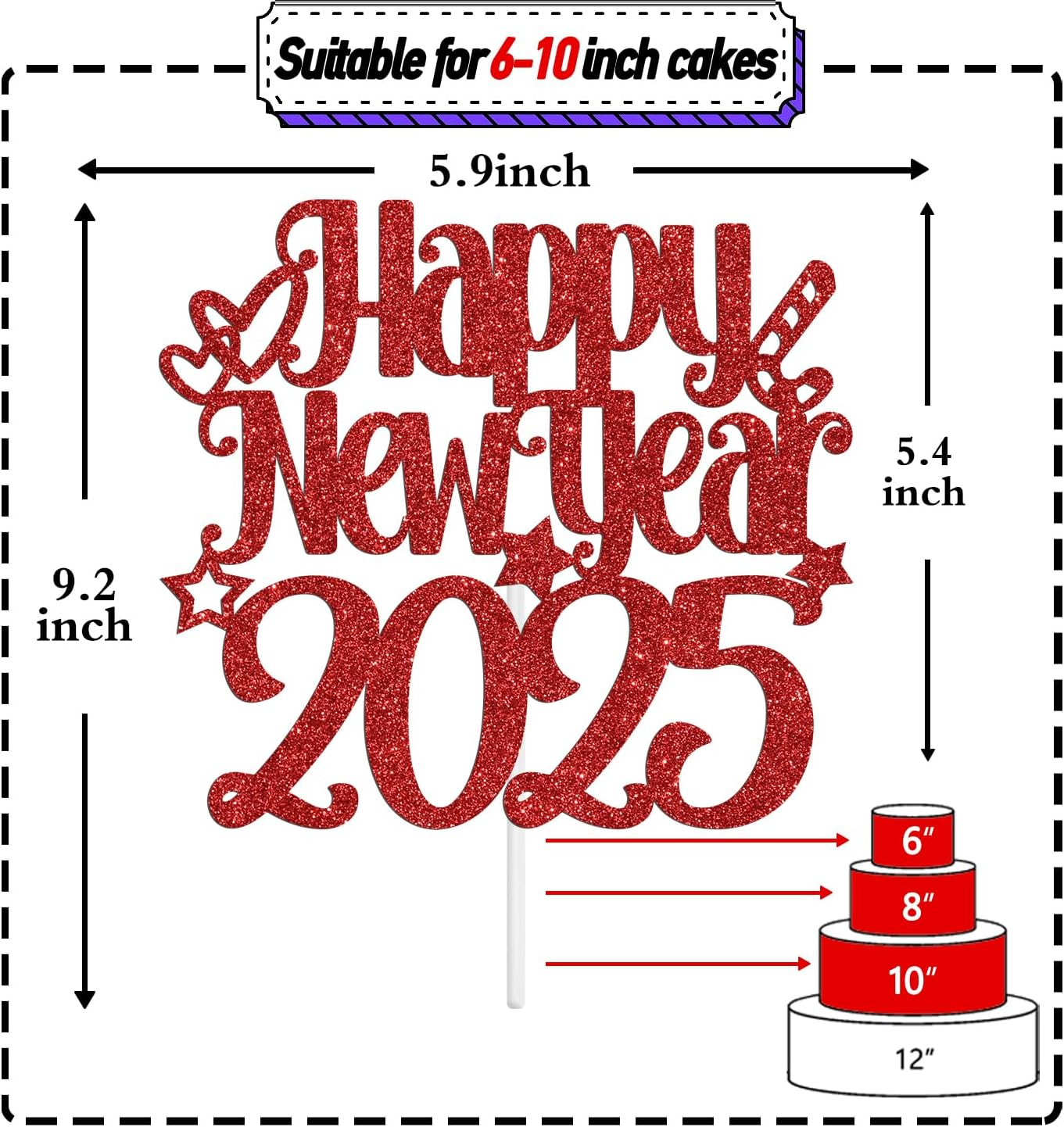 Happy New Year 2025 Cake Topper, Happy Holiday/Merry Christmas Cake Decor, New Year'S Eve Festival Party Decoration Suppllies, Red Glitter image number 5