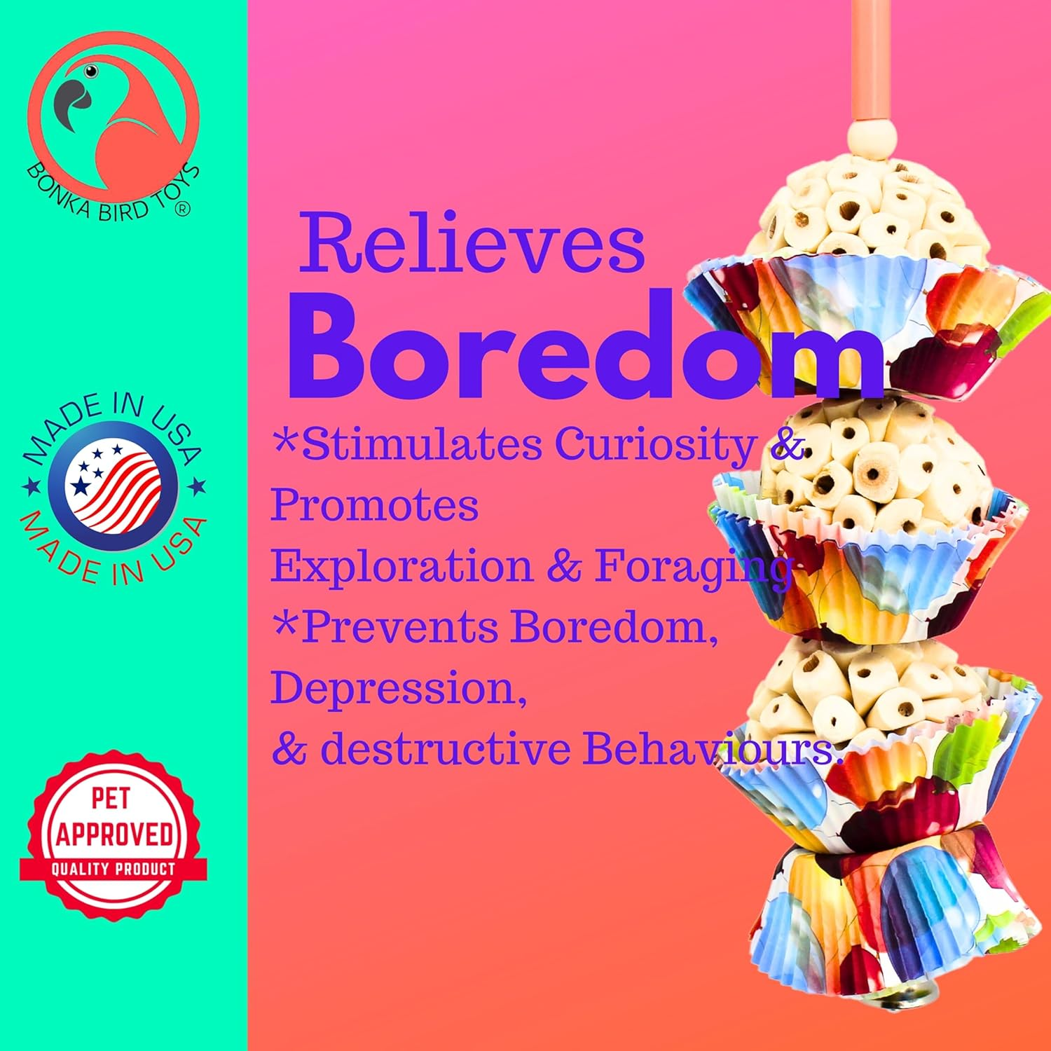 Bonka Bird Toys 1931 Three Cake, 11.75" Hanging Bird Toy with Sola Balls, Cupcake Cups, Wooden Beads, Bell, and Straw, Chewable and Shreddable. image number 4