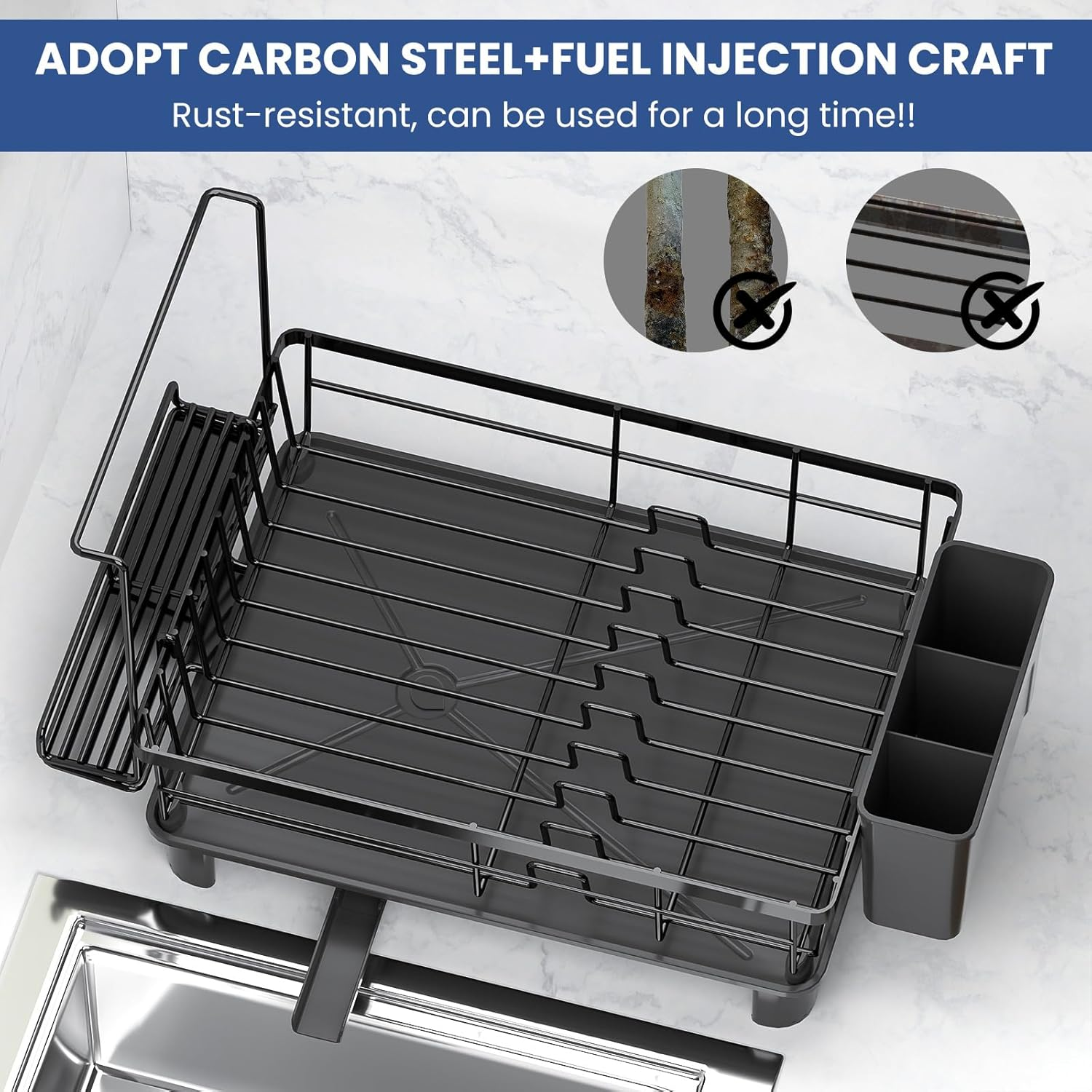 Acemining Dish Rack with Cutlery Holder and Towel Bar, 360&deg; Swivel Drain, Stainless Carbon Steel, Space Saving Kitchen Organizer for Plates, Cups, Cutlery, Black image number 5