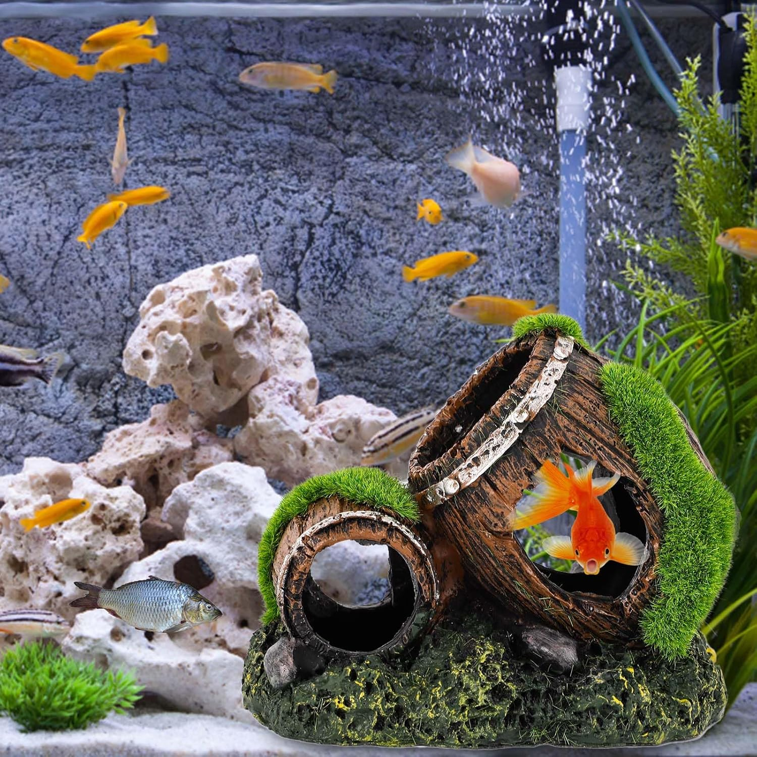 NQEUEPN Fish Tank Broken Barrel Decoration, Dual-Barrel Resin Fish Tank Decoration Aquarium Decor Aquarium Hideout for Betta Fish Tank Landscape for Small Animals to Play Hide Rest image number 4