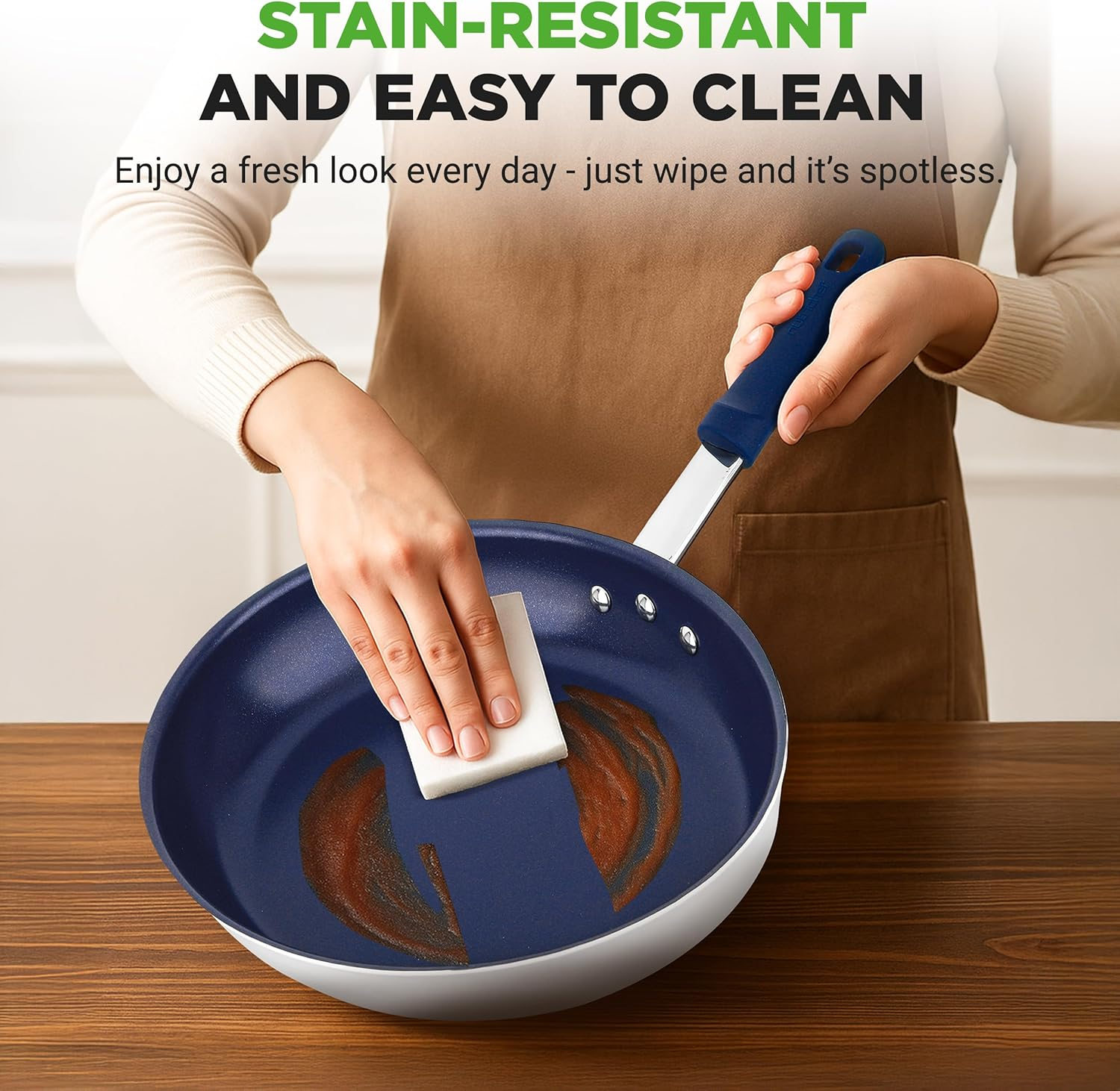 Nutrichef 10" Fry Pan with Lid - Medium Skillet Nonstick Frying Pan with Silicone Handle, Ceramic Coating, Blue Silicone Handle, Stain-Resistant and Easy to Clean, Professional Home Cookware image number 4