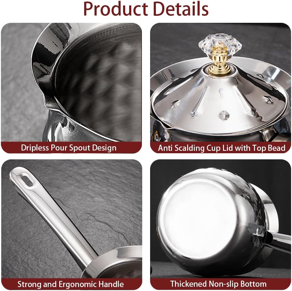 Turkish Coffee Pot, Turkish Coffee Maker, Chai Pot, Arabic Coffee Pot, Greek Coffee Pot, Greek Briki, Turkish Coffee Cezve, Turkish Coffee Pot Ibrik, Silver, 400 Ml / 13.5 Oz image number 3