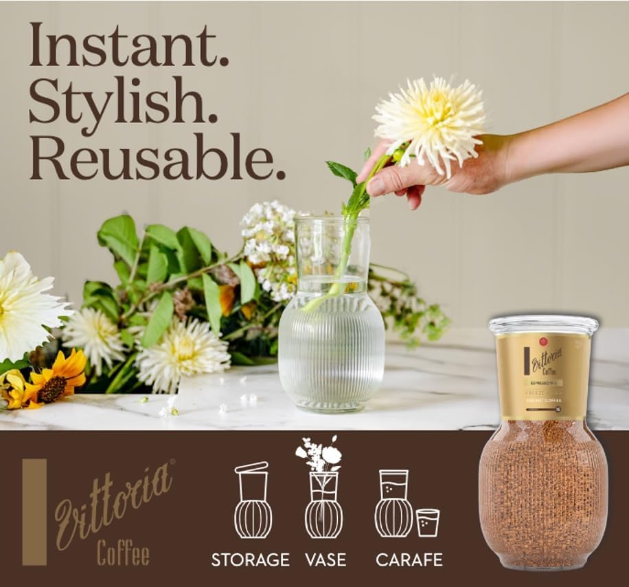Vittoria Coffee Oro Nero Dark Roasted Instant Freeze Dried Coffee. Reusable Glass Jar Vase - 300G. Medium-Dark Intensity 14/15. Rich, Full Bodied Cup. image number 2