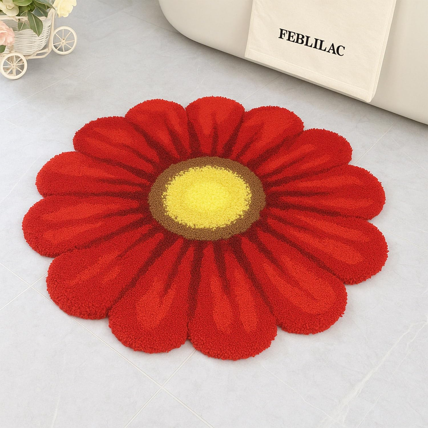 Feblilac Red Flowers Bath Rug, Floral Mat for Bathroom Cute Plant Non-Slip Floor Mats, Washable Microfiber Carpet for Living Room Home Fast Dry Area Rug - Grey image number 7