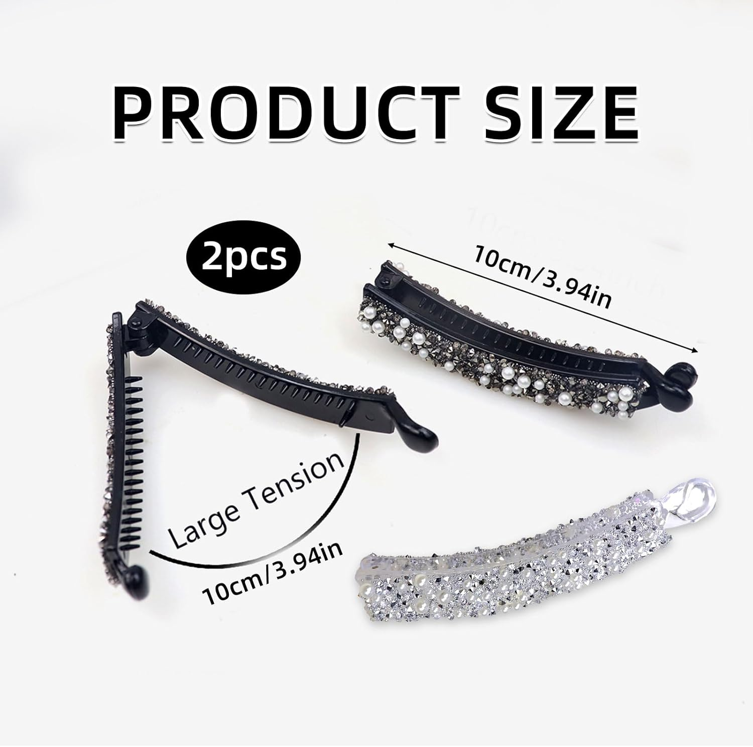Pack of 2 Banana Clip Hair, Rhinestone Beads Banana Hair Clips, Banana Clip Thin Hair, Suitable for Women, Girls (Black + Silver) (Black + Silver) image number 1