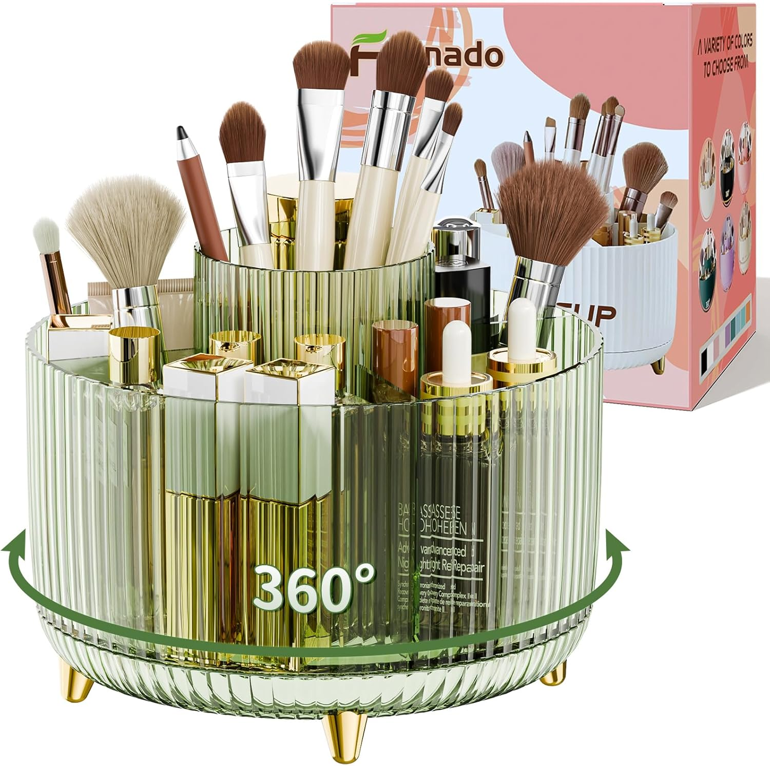 Fanado 360&deg; Rotating Makeup Organizers Countertop, 5 Slot Makeup Brush Holder Organizer for Cosmetics, Skincare Storage Beauty Holder for Eyeliner Lipstick on Bathroom Vanity(Clear Amber)