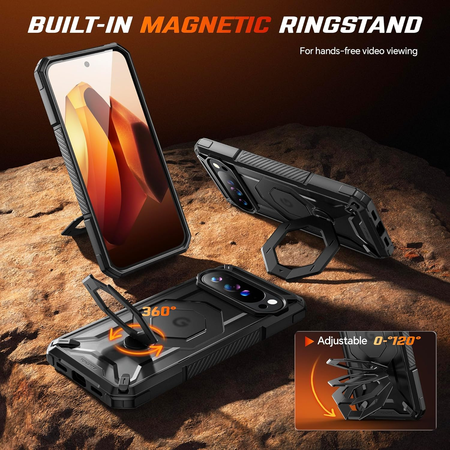 Tongate Pixel 10 Pro XL Case with 360&deg; Rotating Magnetic Stand, Compatible with Magsafe, Non-Slip Edges, Robust Military Standard Protection for Google 10 Pro XL Mobile Phone Case, Black image number 3