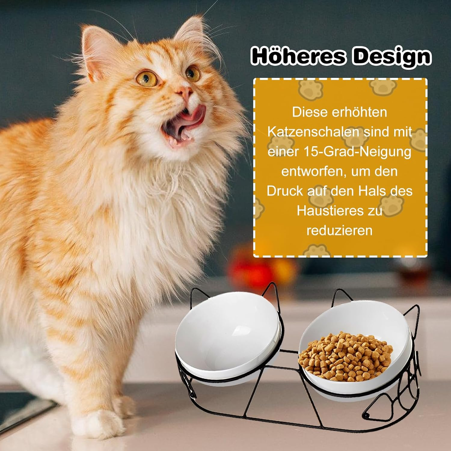 Raised Cat Bowl, Ceramic Feeding Bowl, Feeding Station, Raised Set of 3 with 15&deg; Tilted for Cats and Small Dogs, Double Bowl image number 1