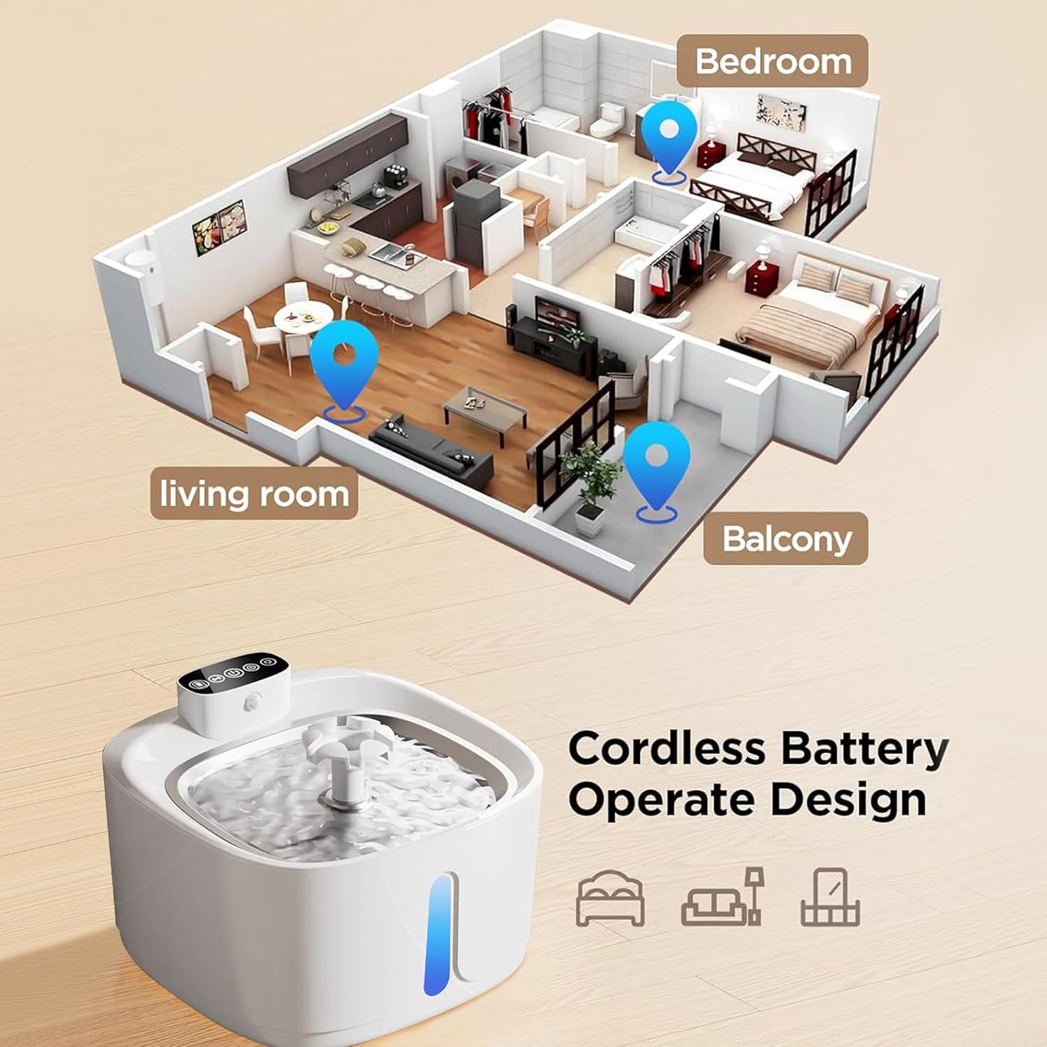 TUXOIUBA Wireless Cat Water Fountain, 3.2L Large Capacity Drinking Fountain with Motion Sensor, Cordless Automatic Pet Water Fountain with Stainless Steel Tray, Easy to Clean Bpa-Free and 3 Modes