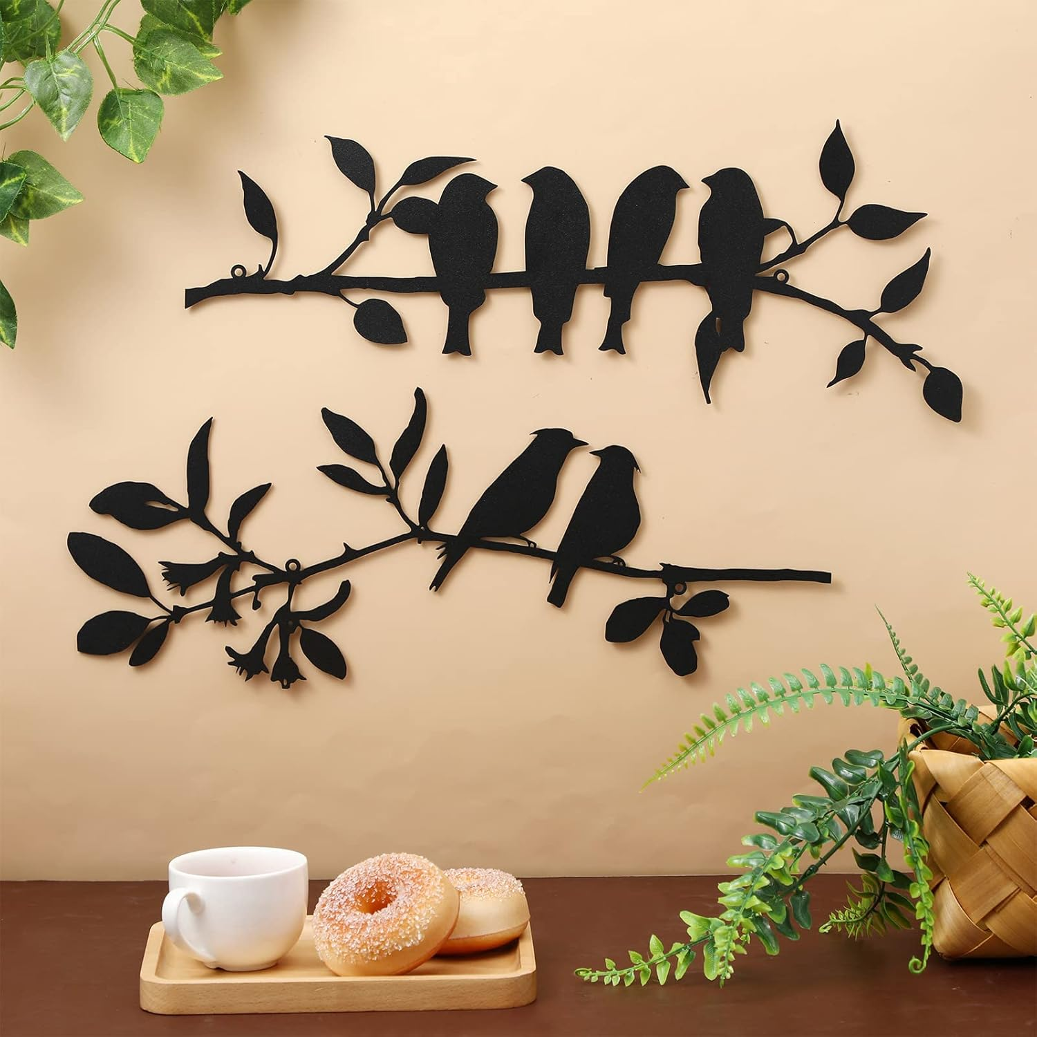 2 Pcs Metal Birds Wall Art - Vivid Birds on Branch, Hanging Leaves with Birds - Outdoor/Indoor Wall Decor, Rustic Bird & Leaf Decor for Balcony or Garden (Color: image number 2
