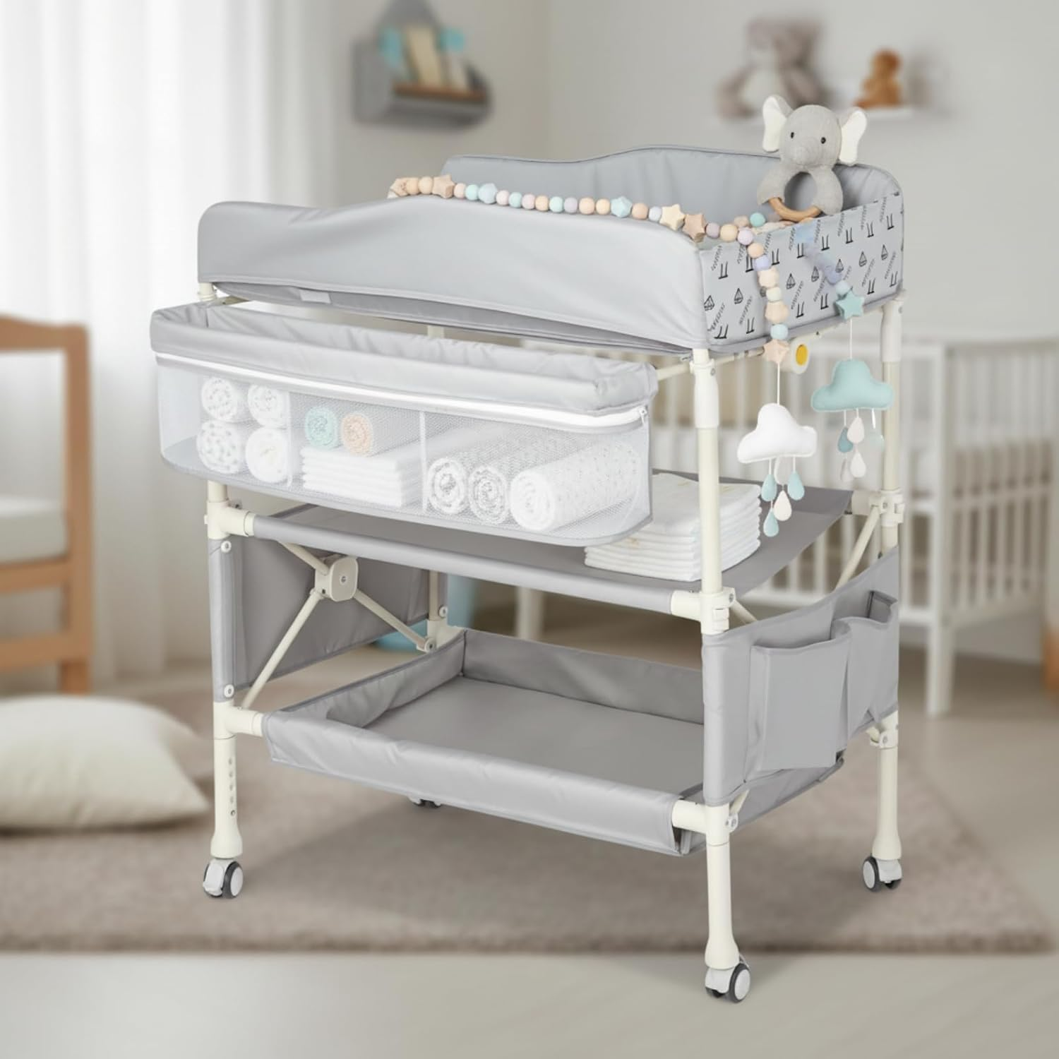 Baby Changing Table, 4-In-1 Infant Diaper Station with 4 Adjustable Height & Large Storage Basket, Foldable Nursery Organizer with 4 Lockable Wheels & Safety Belt for Toddler Newborn image number 4