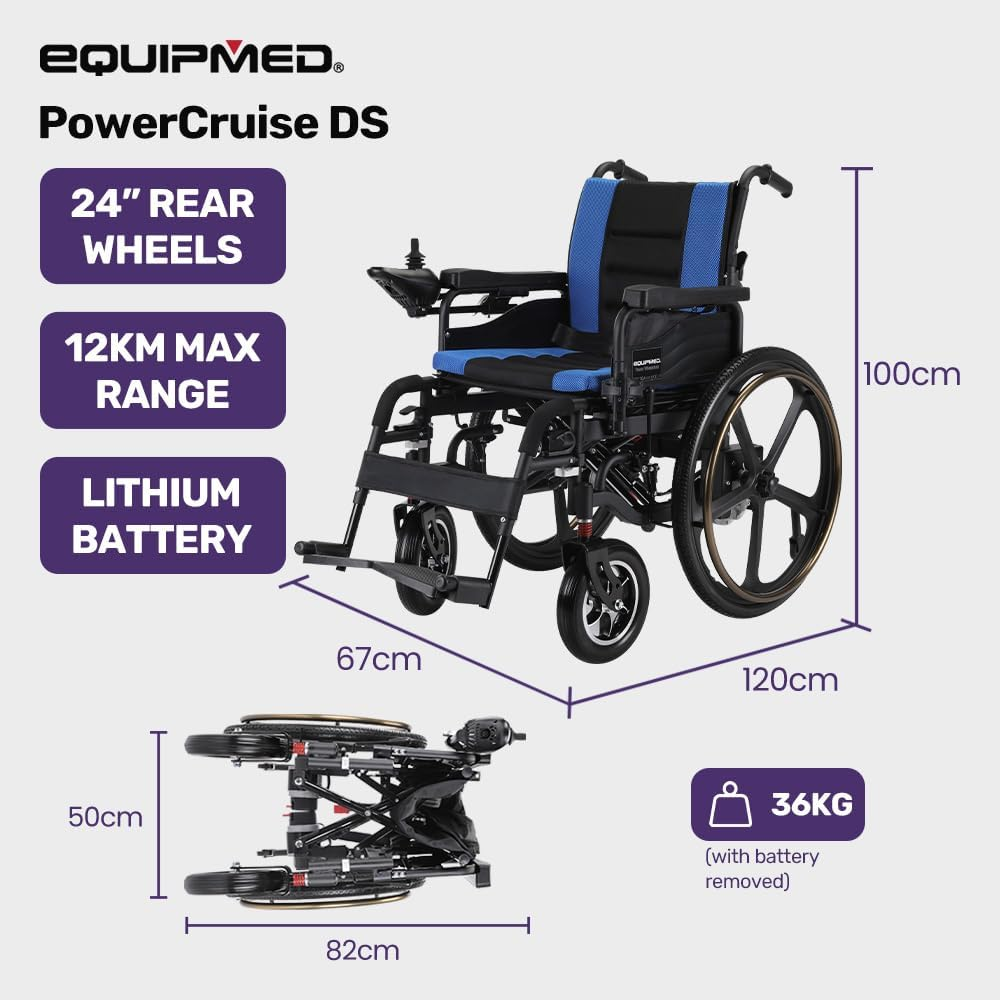 "Equipmed Electric Wheelchair Folding, Long Range, Airline Approved, Lithium Battery, 24"" Light Rear Wheels, Matte Black/Blue" image number 3
