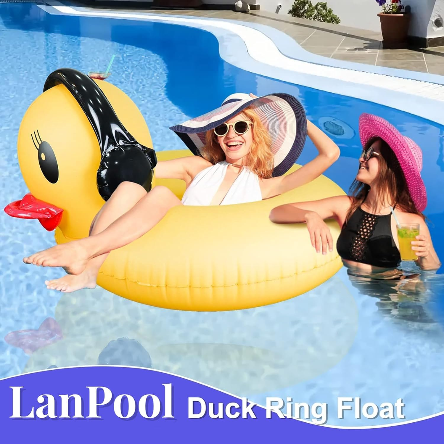 Inflatable Duck Pool Float with Lights, Solar Powered Pool Inflatables Duck Floaties for Adults Kids, 44" Large Animal Swim Tube Ring Pool Float with Fast Valves Summer Beach Pool Lounge image number 4