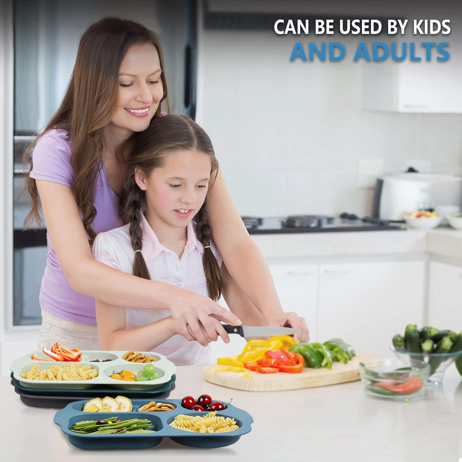 Shopwithgreen Divided Plates for Kids Adults, 12 Inch (4PCS) Plastic Unbreakable Section Plates, Large Lightweight Reusable Compartment Lunch Trays, BPA Free Dishwasher & Microwave Safe - Coastal(With Lids) image number 6