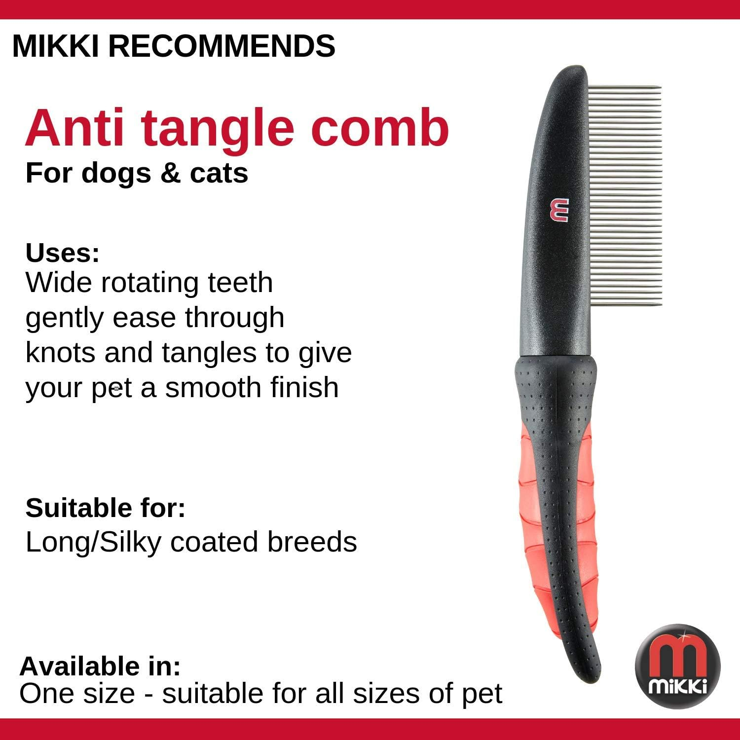 Mikki Dog, Cat Anti-Tangle Shedding Comb - Removes Knots, Matts and Tangles - for Fine Hair Coats image number 3