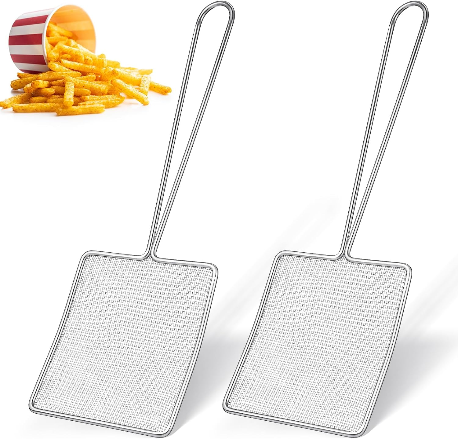 Mumufy 2 Pcs Square Fine Mesh Skimmer Spider Strainer Oil Skimmer for Deep Fryer Frying Scoop Stainless Steel Spider Strainer with Long Handle for Kitchen Swimming Pools Fried Food (6.7 X 6.7 Inch)