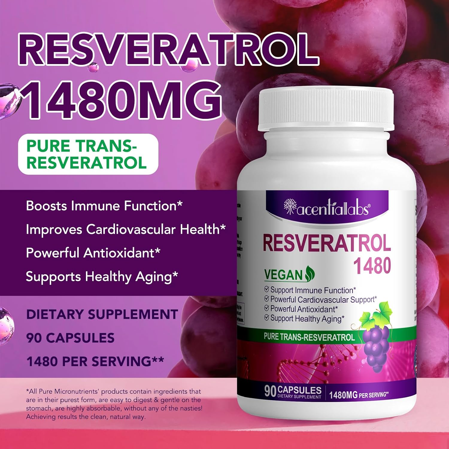 Resveratrol Supplement | Pure Trans-Resveratrol | 1480Mg per Serving | 90 Capsules | 3 Month Supply image number 4