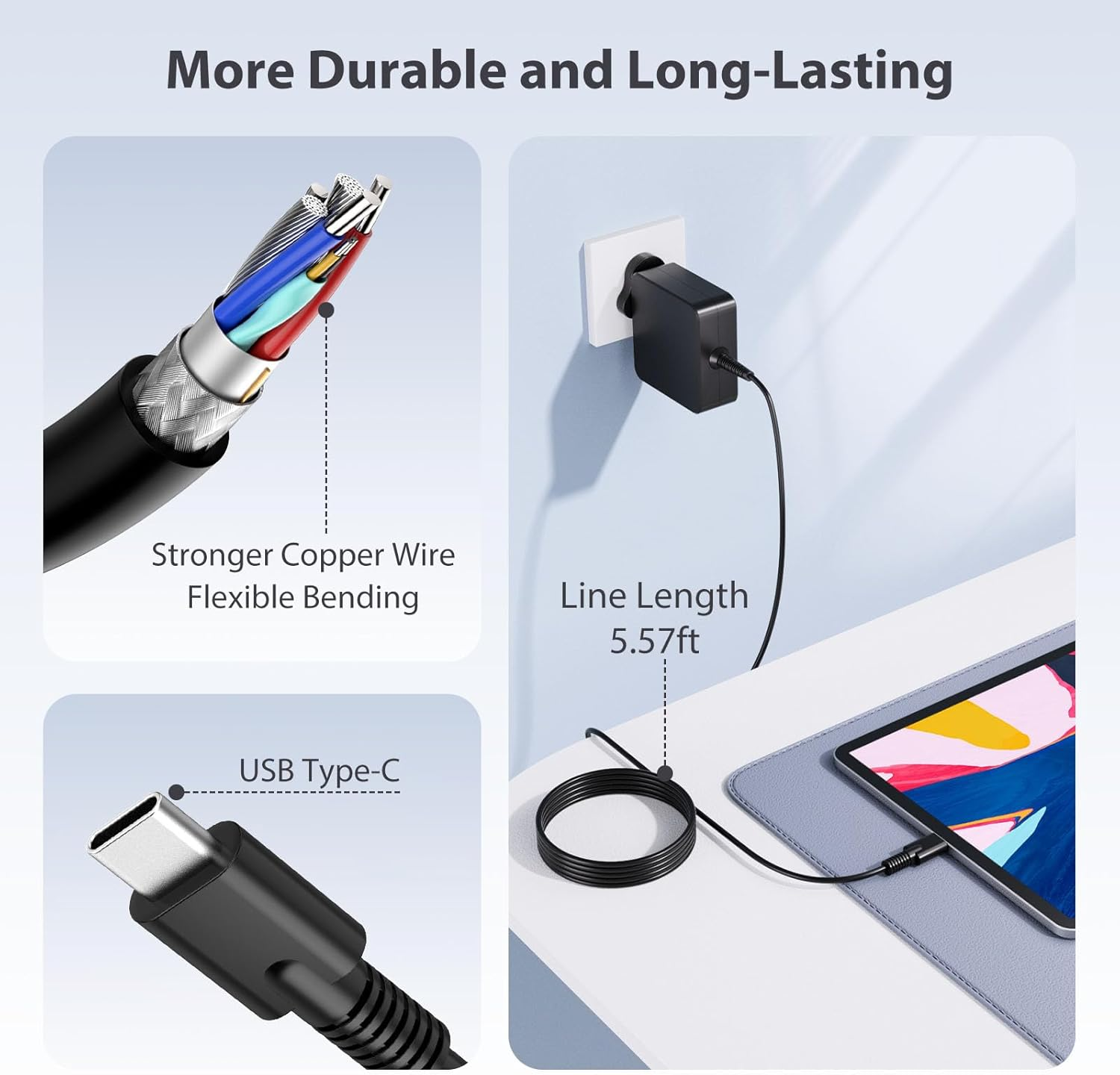 USB C Laptop Charger 65W Type C Power Adapter for Lenovo Chromebook/Thinkpad/Macbook, 65W 45W USB-C Wall Charger Adapter for Hp/Dell/Acer/Samsung/Huawei/Switch with 1.7M Cable for Most Type-C Devices image number 3