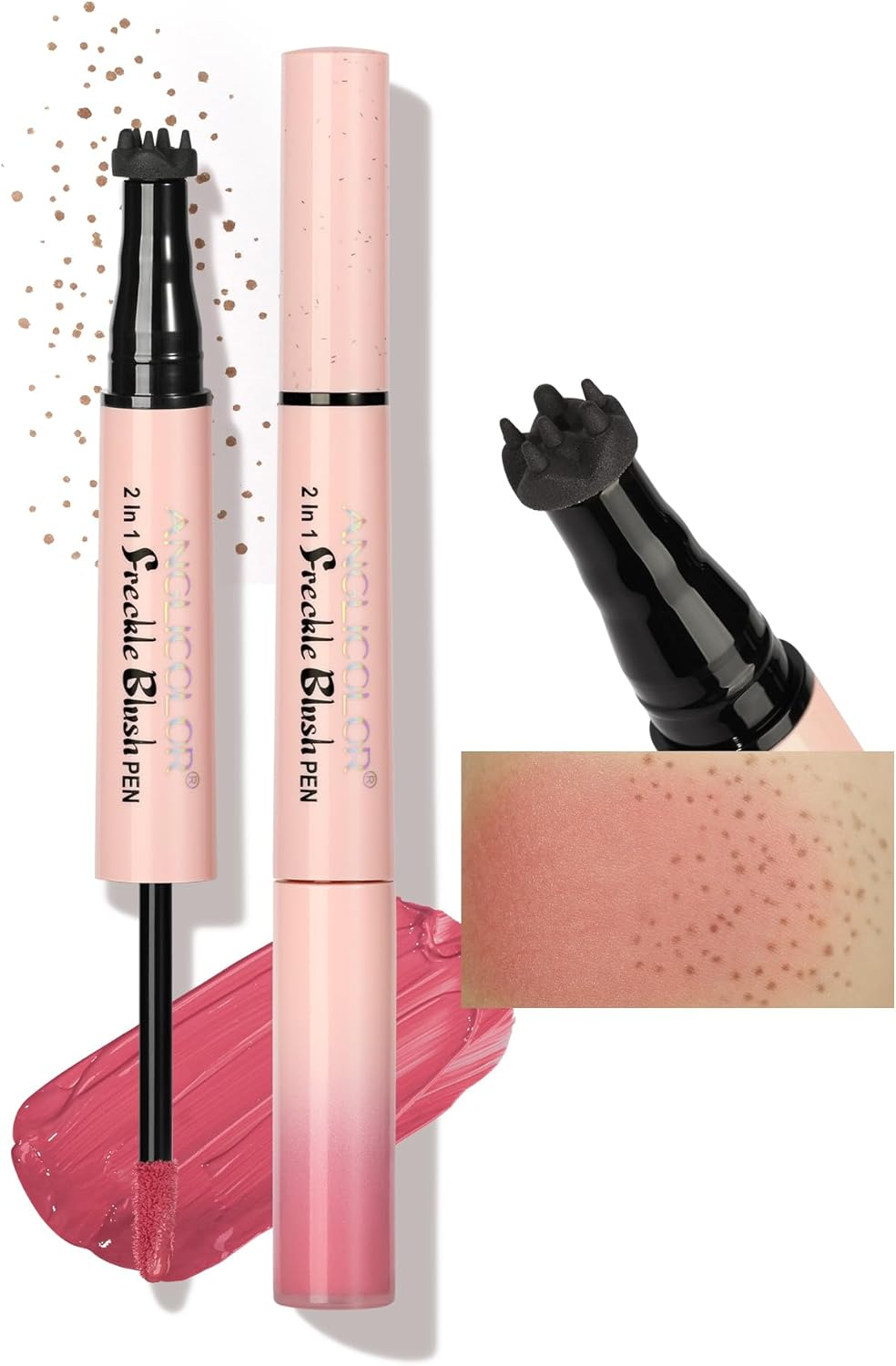 Anglicolor 2 in 1 Freckle Pen, Faux Freckle Pen Stamp with Blush, Quick-Drying, Waterproof, Long-Lasting, Freckle Sizd Dot for Realistic 24H Freckle Natural Makeup (01 Light Brown+Soft Nude Pink)