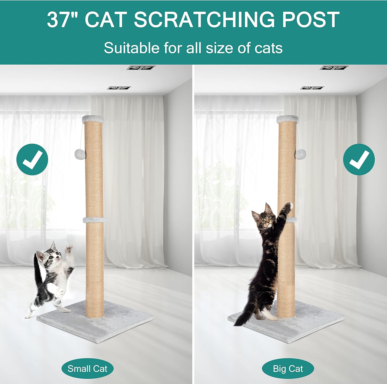 Fluffydream 37'' Cat Scratching Post, Natural Sisal Rope Scratcher with Dangling Teaser Ball and Covered with Soft Plush for Kittens and Adult Cats, Sand Color (Cat Tree 37") image number 4