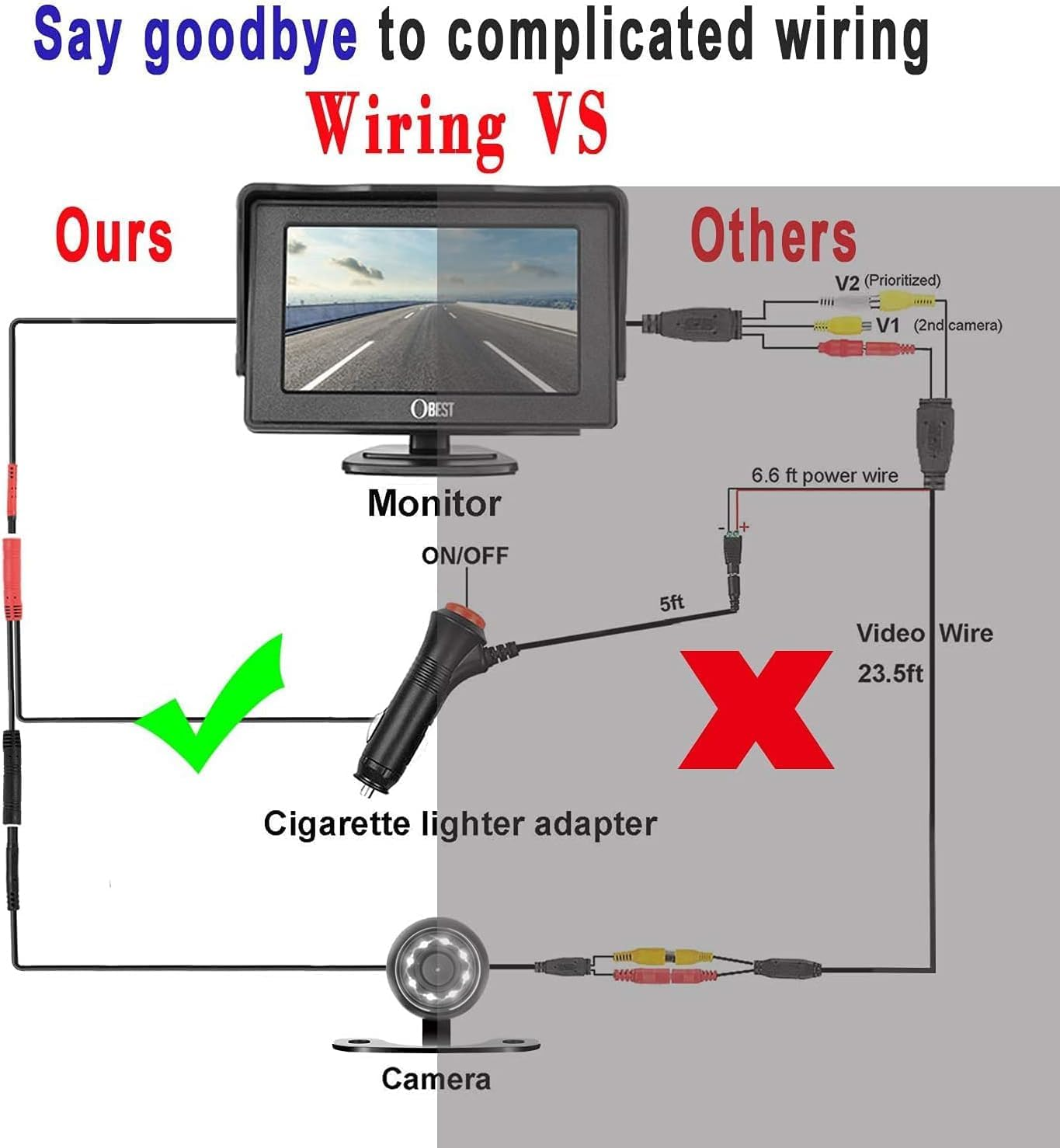 B-Qtech Backup Camera and Monitor Kit, 4.3" LCD Display Support Mirror Flip Guideline Night Vision Rear View Reverse Camera Waterproof for Pickup Car SUV Van, Easy Install and Setup image number 4