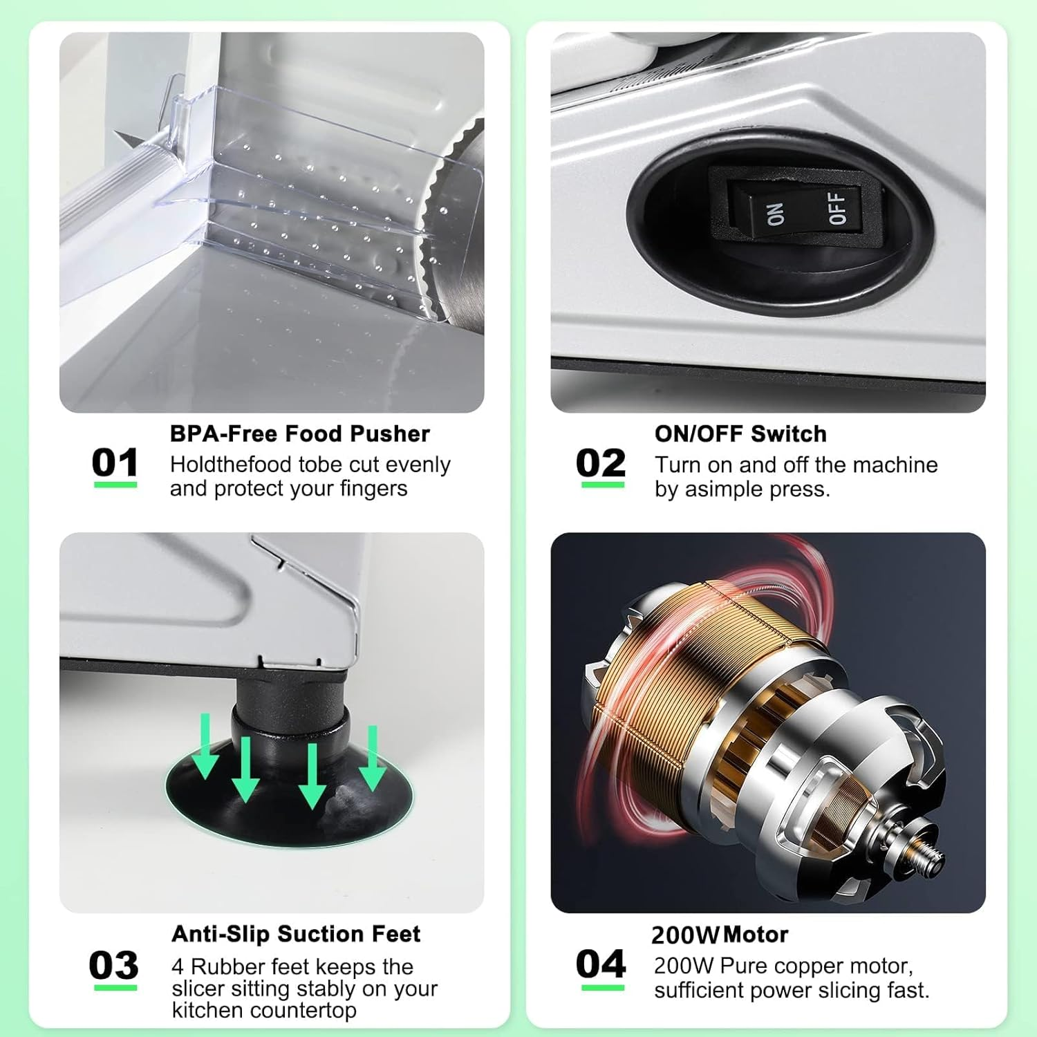 Adando Electric Meat Slicer Machine: Deli Meat Slicer Food Processors with 3 Stainless Steel Blades - Adjustable Thickness Easy Clean - Meat Chopper for Kitchen/Commercial Use - for Meat Cheese Bread image number 3