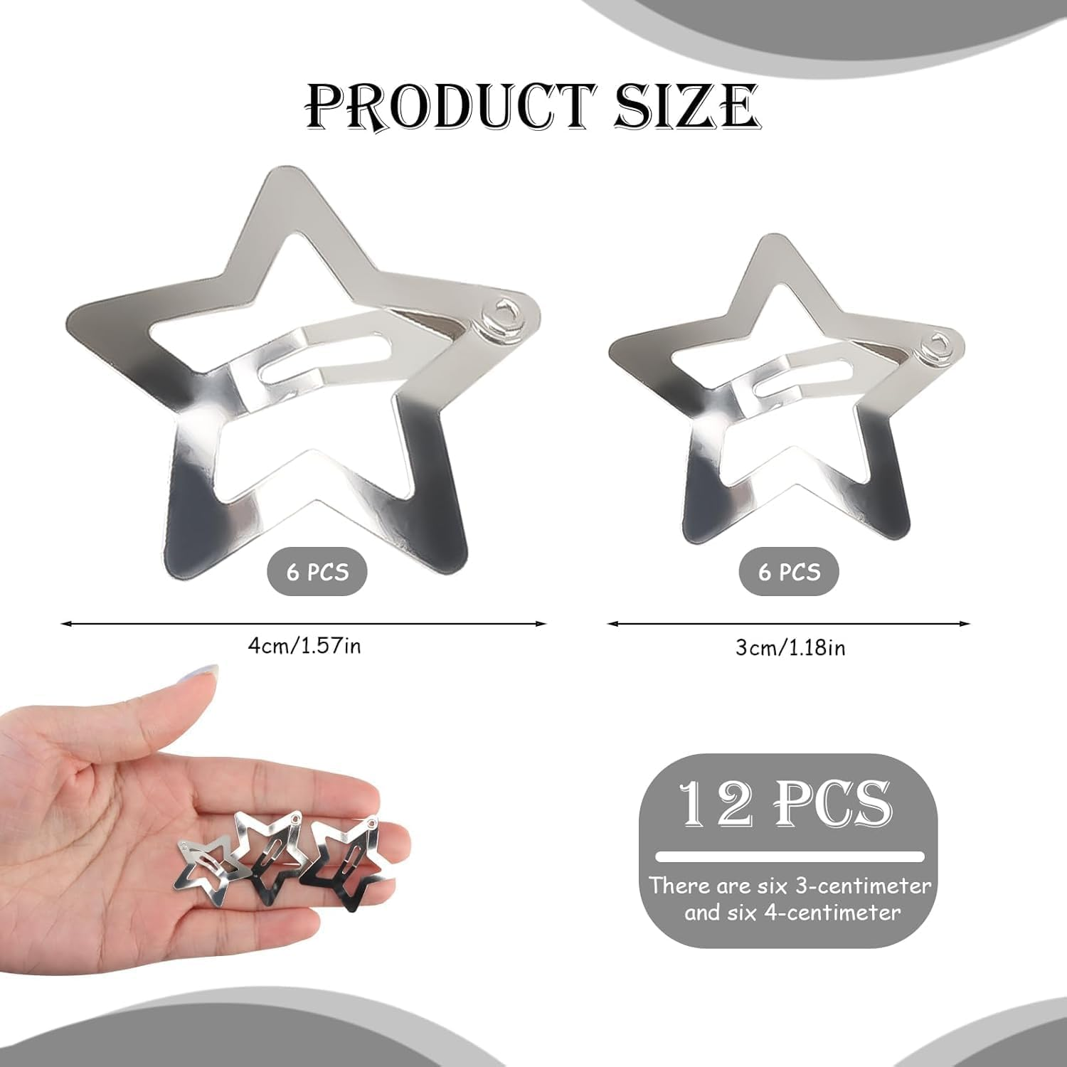 A Set of 12 Star Hair Clips Silver 2 Sizes Y2K Suitable for Women and Girls Hair Accessories Anti-Slip image number 3
