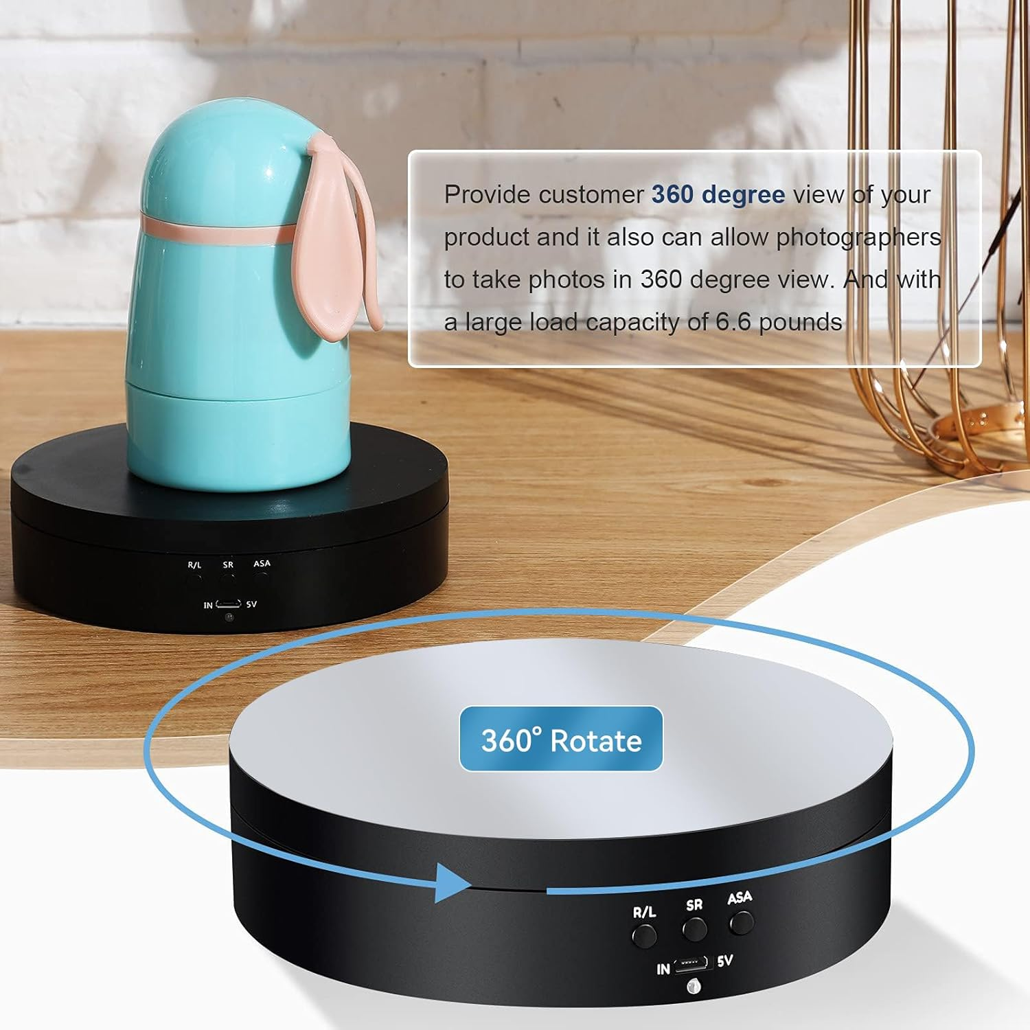 Dawntress Rotating Display Stand Motorized - Electric Turntable Display 5.4Inch / 13.72Cm with 3 Modes, 360 Degree Automatic Turntable for Photography Products, Jewelry, Cake, Market Shows - Black image number 4