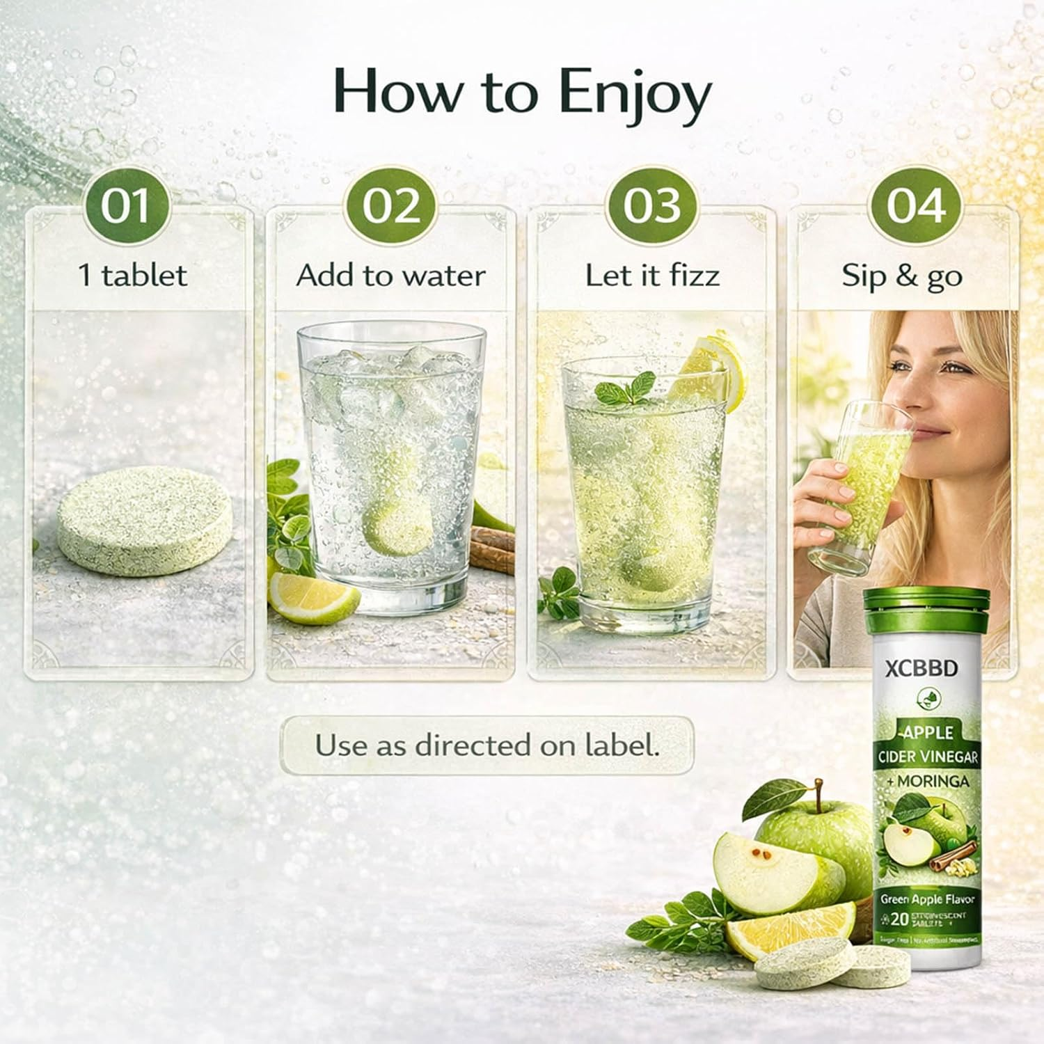 Apple Cider Vinegar + Moringa Effervescent Tablets &ndash; Green Apple & Lemon Masala Flavor Combo, Sugar Free ACV Drink Tablets, Plant-Based Daily Routine, 40 Tablets (2 Pack) image number 6