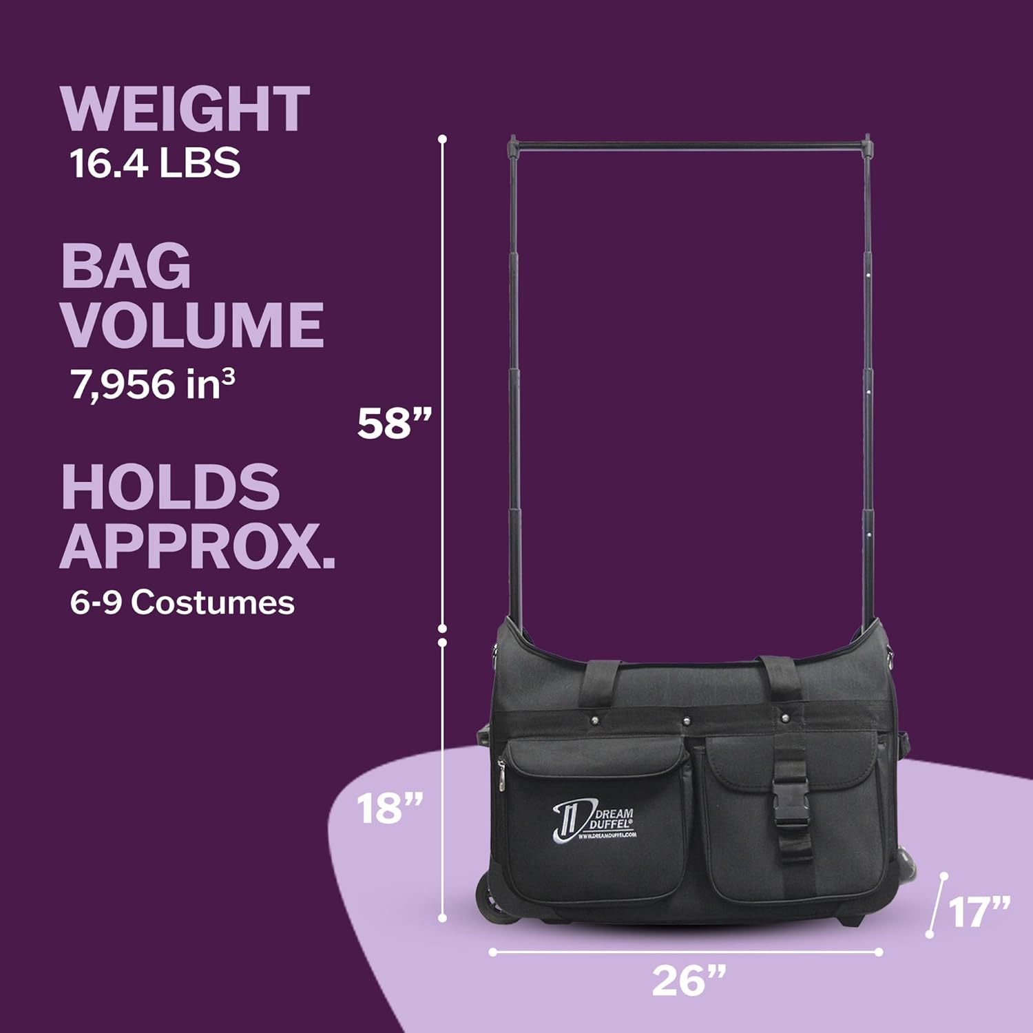 Medium Dream Duffel Rolling Bag with Garment Rack for Dance & Travel, 26&rdquo; Black image number 5